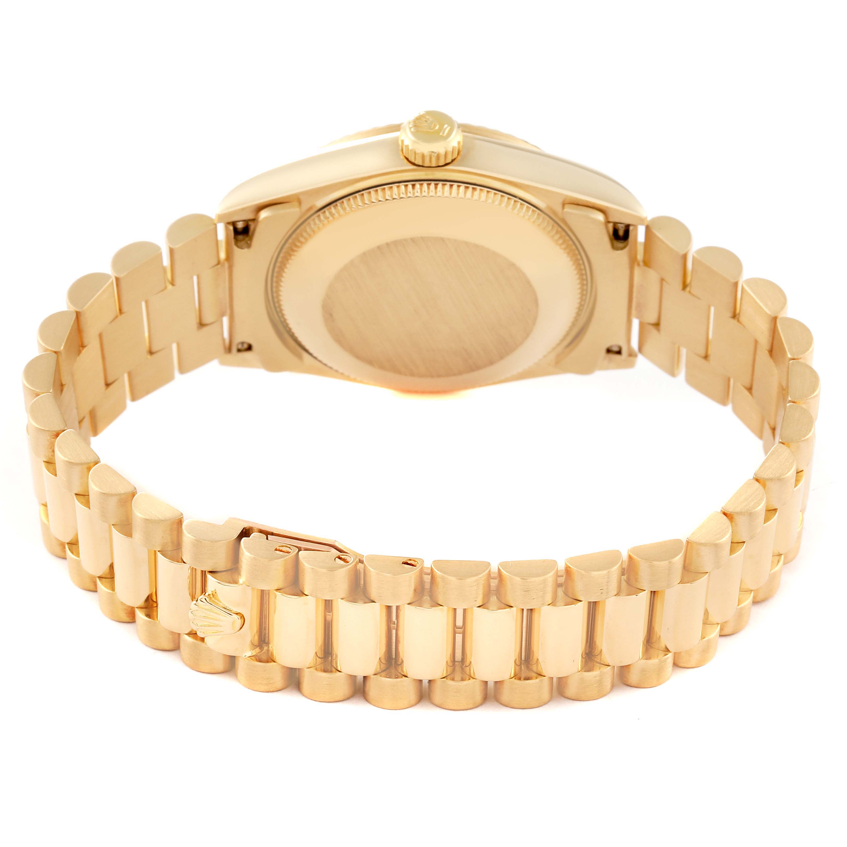 This image shows the back view of a Rolex President 68278 Women's Yellow Gold White Dial 68278 Women's Yellow Gold White Dial model watch, focusing on the case back, crown, and bracelet.