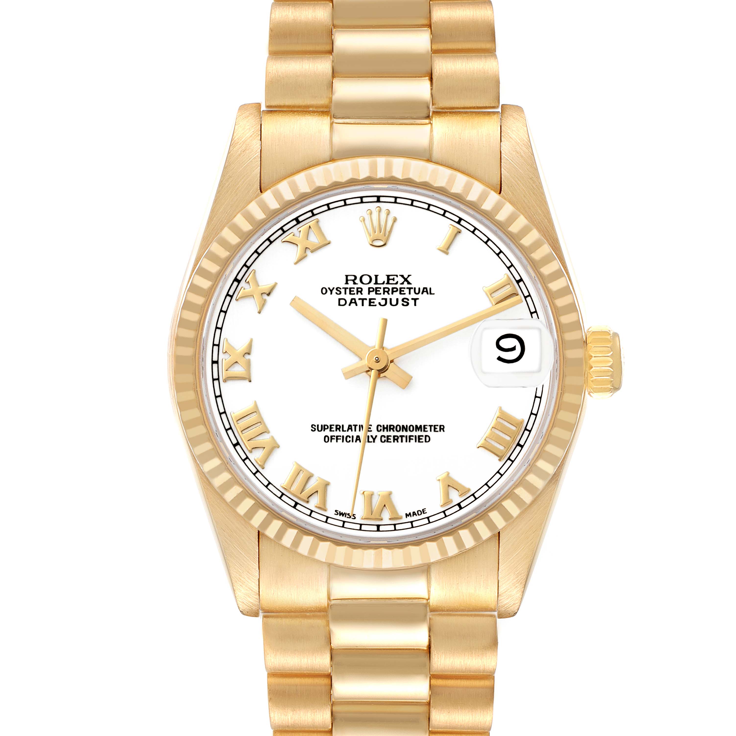 This is a front view of a Rolex Oyster Perpetual Datejust President model watch showing the dial, bezel, and bracelet.