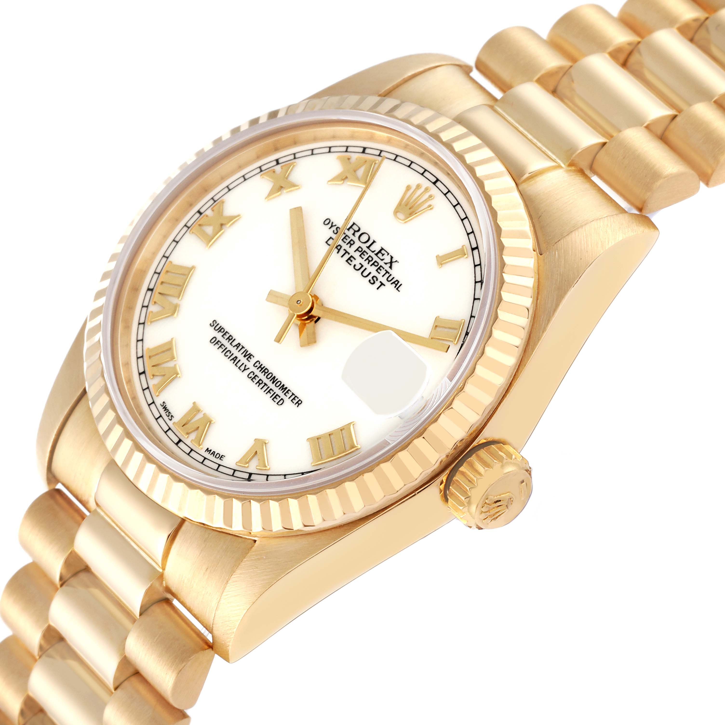 The image shows a Rolex President 68278 Women's Yellow Gold White Dial 68278 Women's Yellow Gold White Dial model watch from an oblique angle, highlighting its dial, bezel, crown, and bracelet.