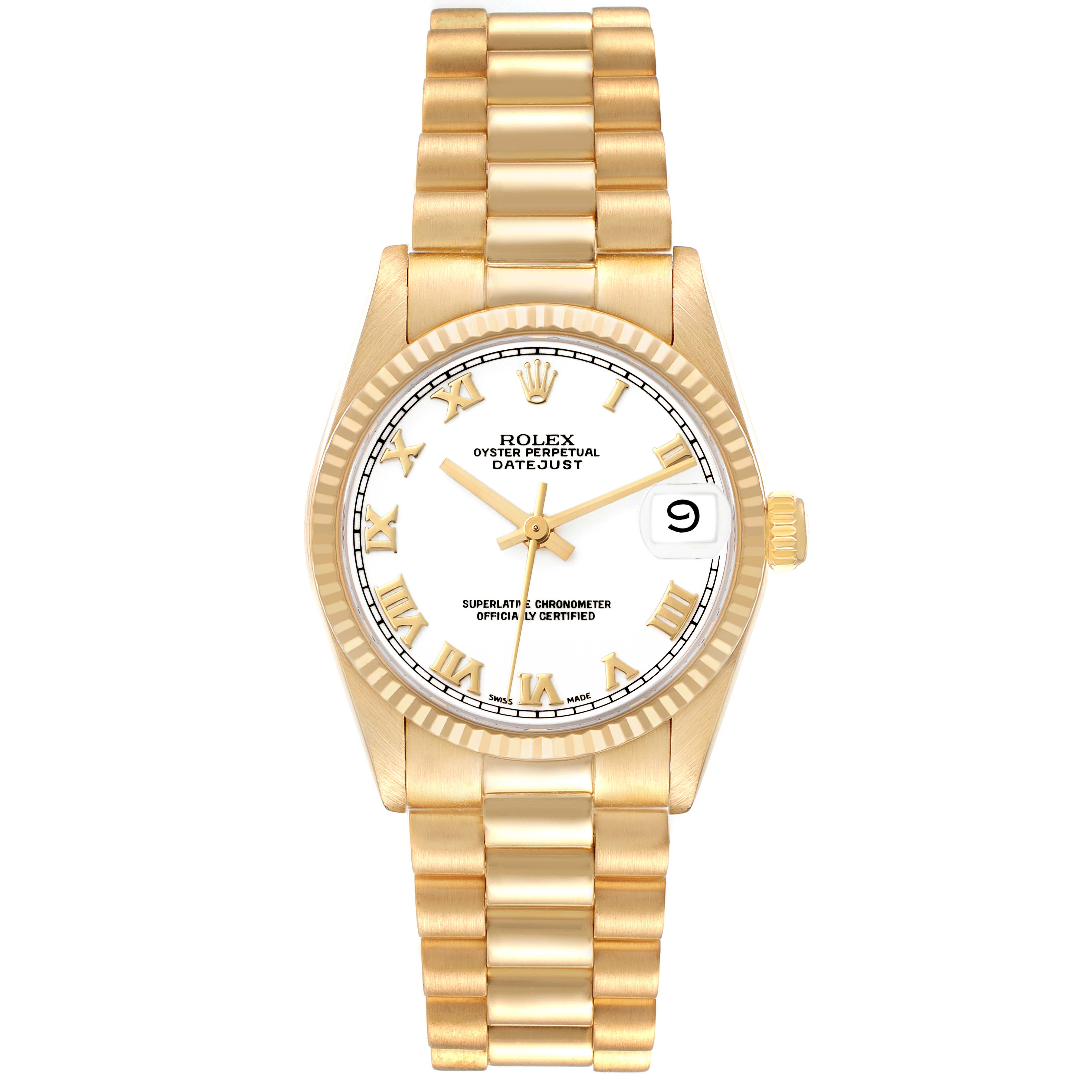 The image shows a front view of the Rolex President 68278 Women's Yellow Gold White Dial 68278 Women's Yellow Gold White Dial Oyster Perpetual Datejust watch, highlighting its face, bezel, and bracelet.