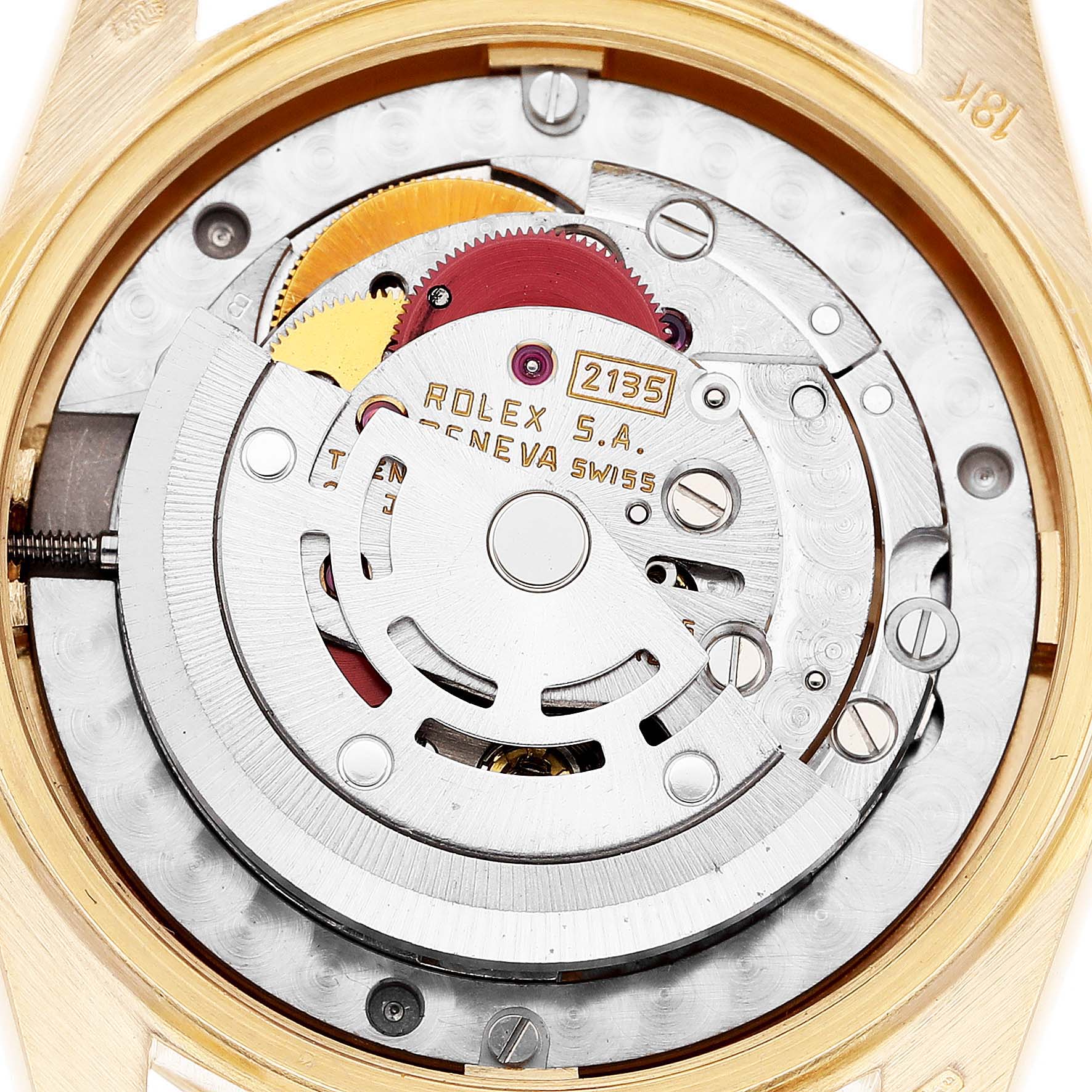 This image shows the detailed inner mechanics of a Rolex President 68278 Women's Yellow Gold White Dial 68278 Women's Yellow Gold White Dial model watch, taken from the back case.