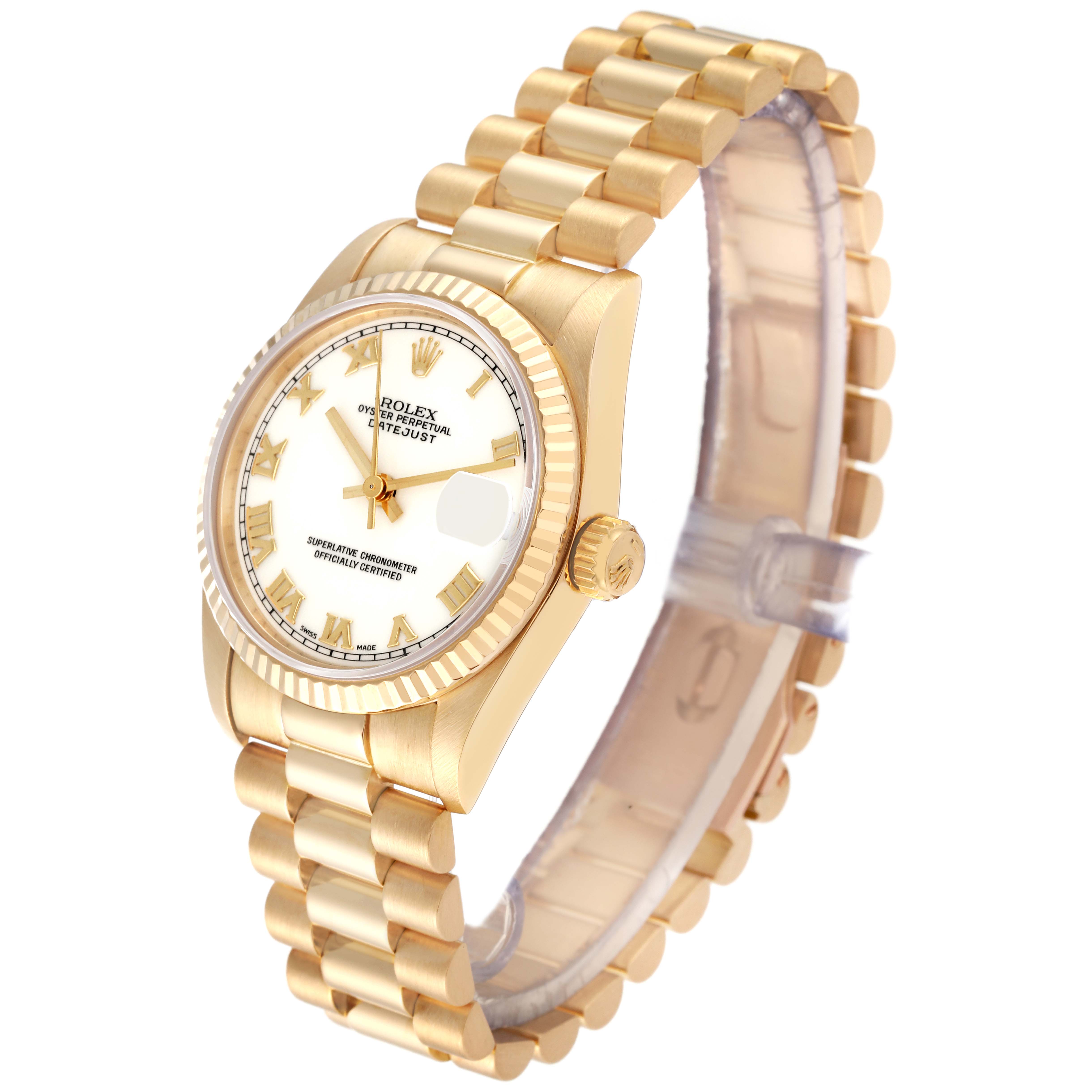 The image shows a gold Rolex President 68278 Women's Yellow Gold White Dial 68278 Women's Yellow Gold White Dial model watch from a front-side angle, highlighting its bracelet, dial, and crown.