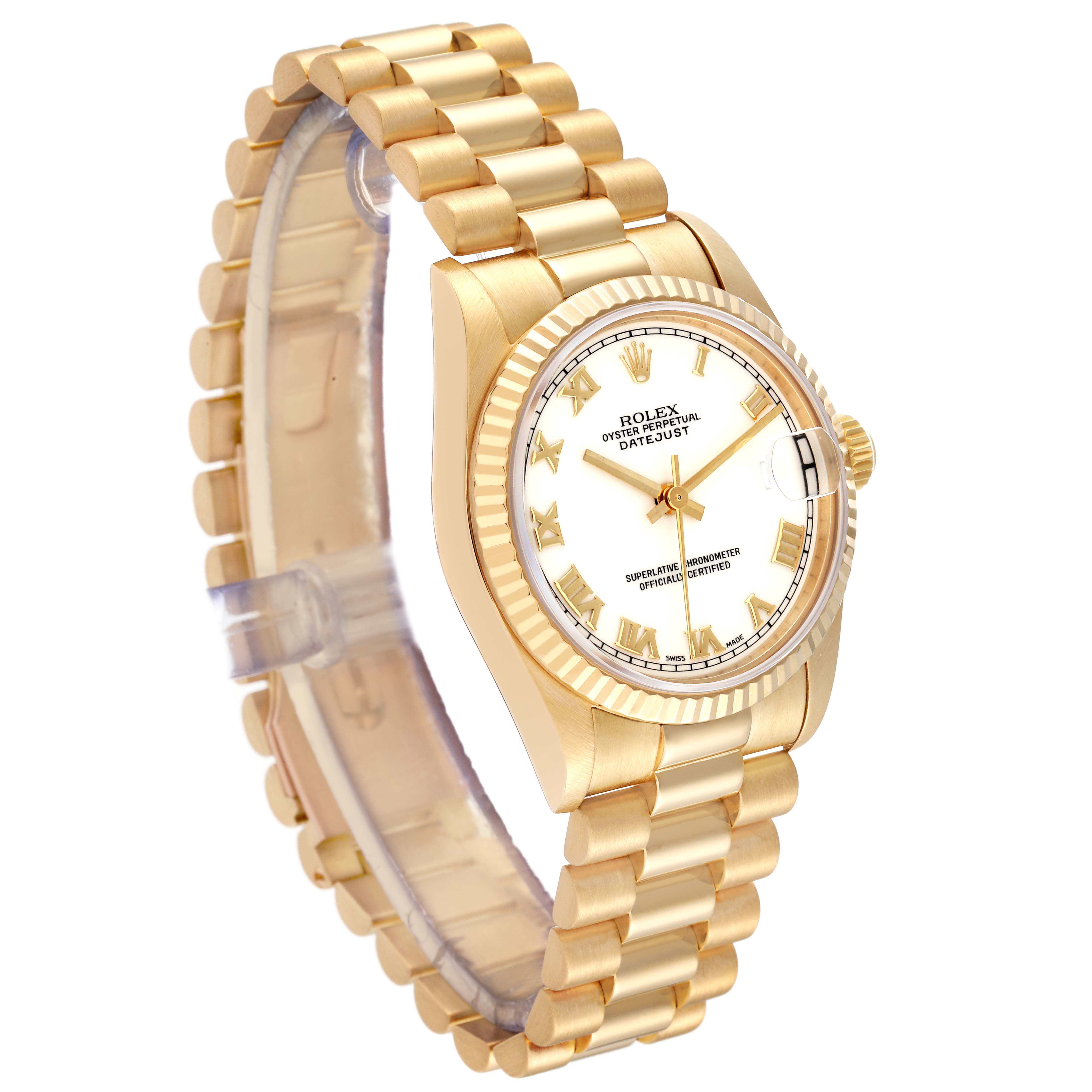 The Rolex President 68278 Women's Yellow Gold White Dial 68278 Women's Yellow Gold White Dial model watch is shown at a three-quarter angle, displaying the gold bracelet, fluted bezel, and white dial with date feature.