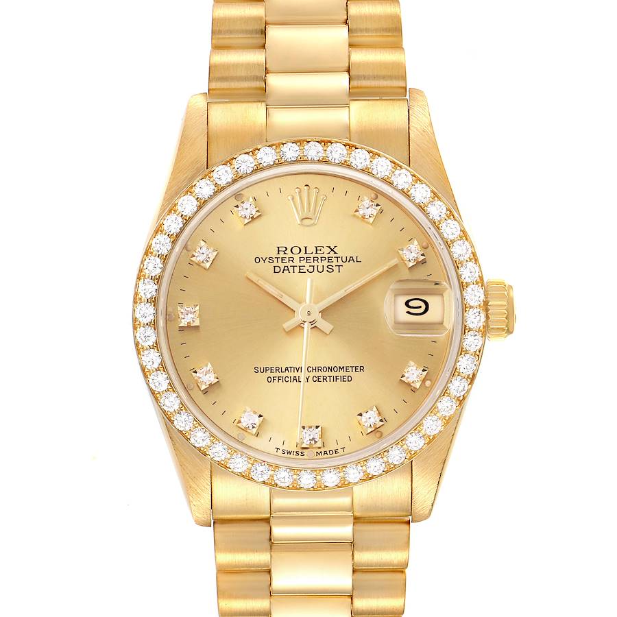 The Rolex Datejust Mid-Size watch is shown front-facing, highlighting the dial, bezel, and part of the bracelet.