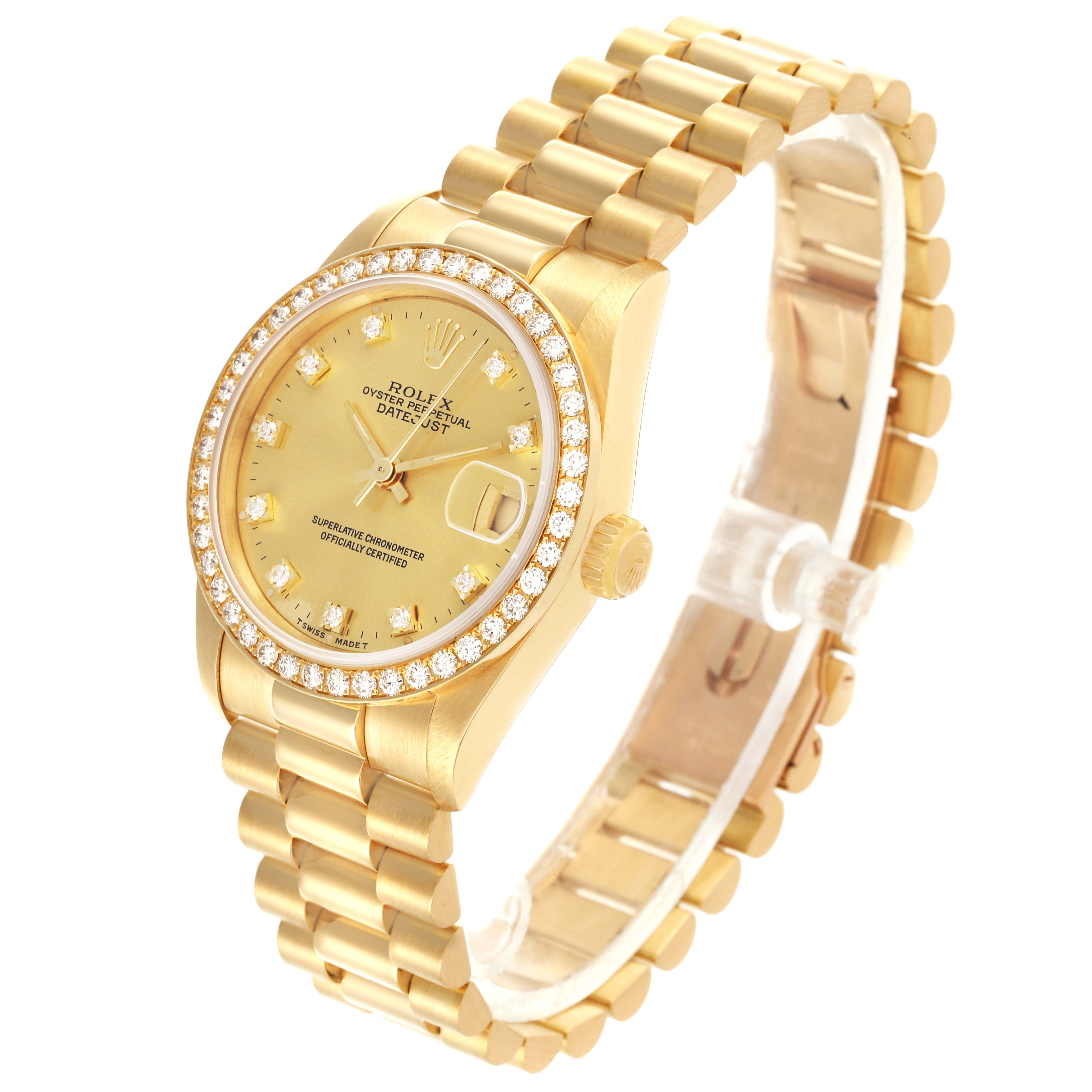 The Rolex Mid-Size 68288 Women's Yellow Gold Champagne Dial 68288 Women's Yellow Gold Champagne Dial watch is shown at a three-quarter angle, highlighting the face, bezel, crown, and band.