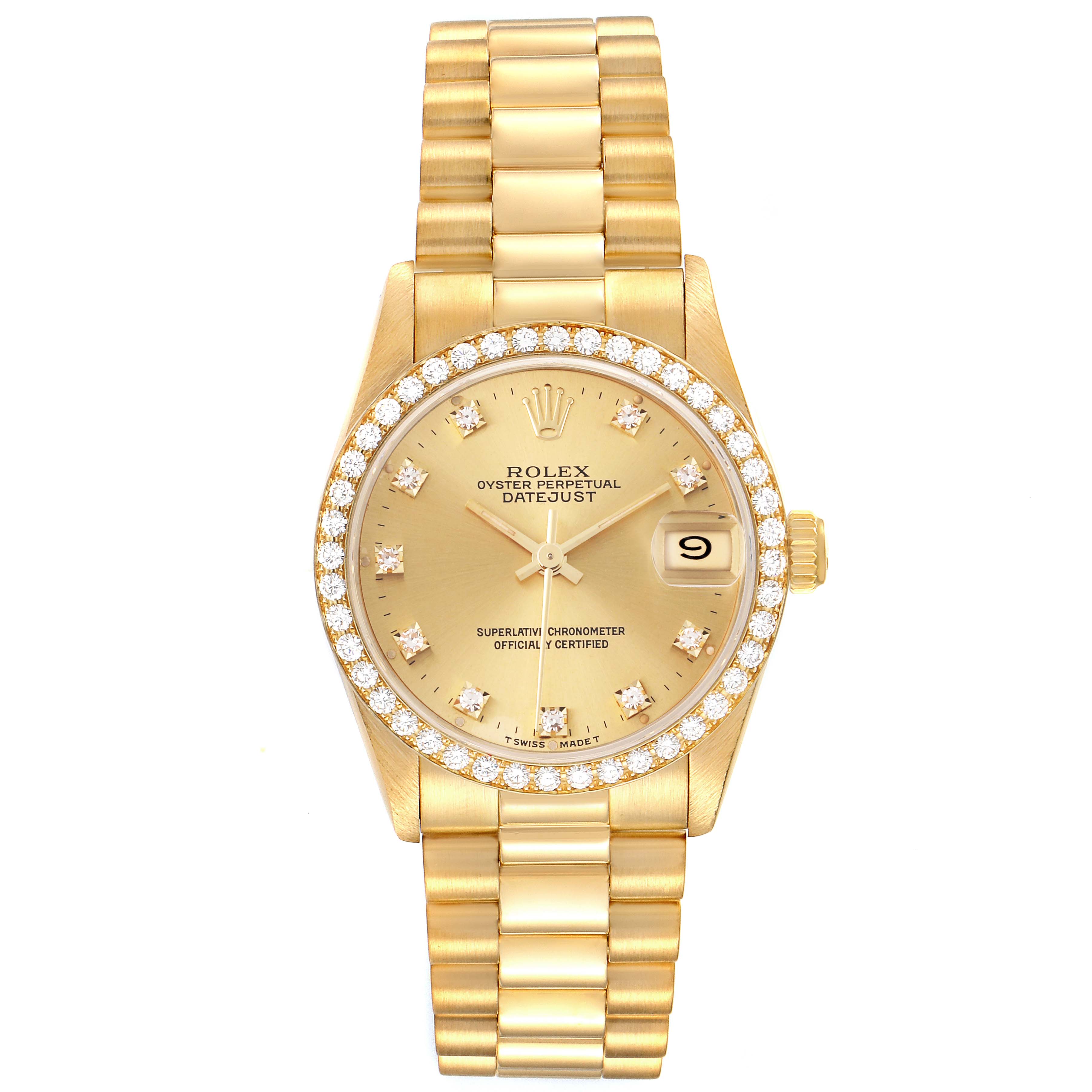 The Rolex Oyster Perpetual Datejust Mid-Size watch is shown from a front angle, displaying the dial, bezel, and bracelet.