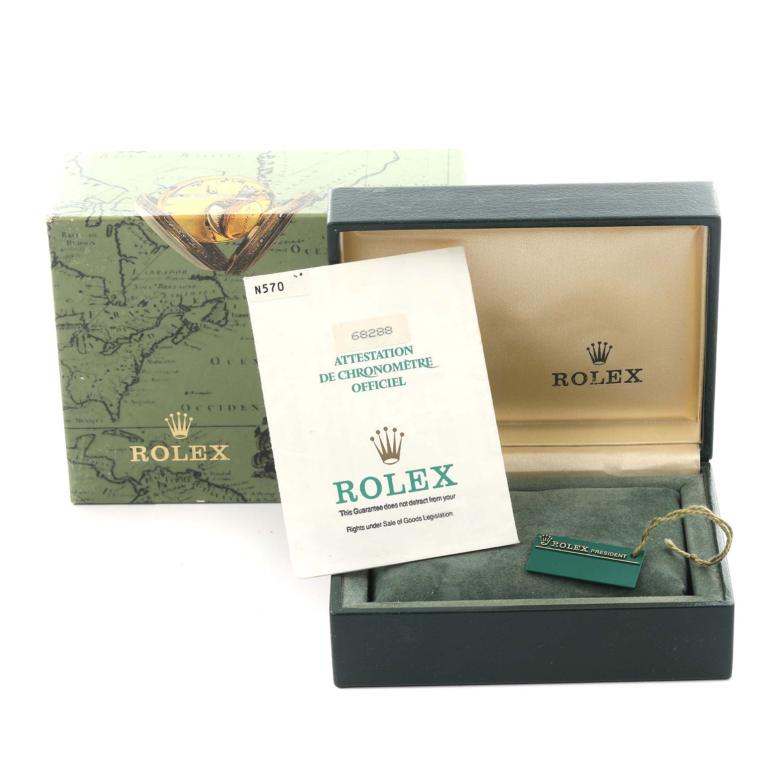 The image shows a Rolex Mid-Size 68288 Women's Yellow Gold Champagne Dial 68288 Women's Yellow Gold Champagne Dial watch box with papers and tags from a front angle.
