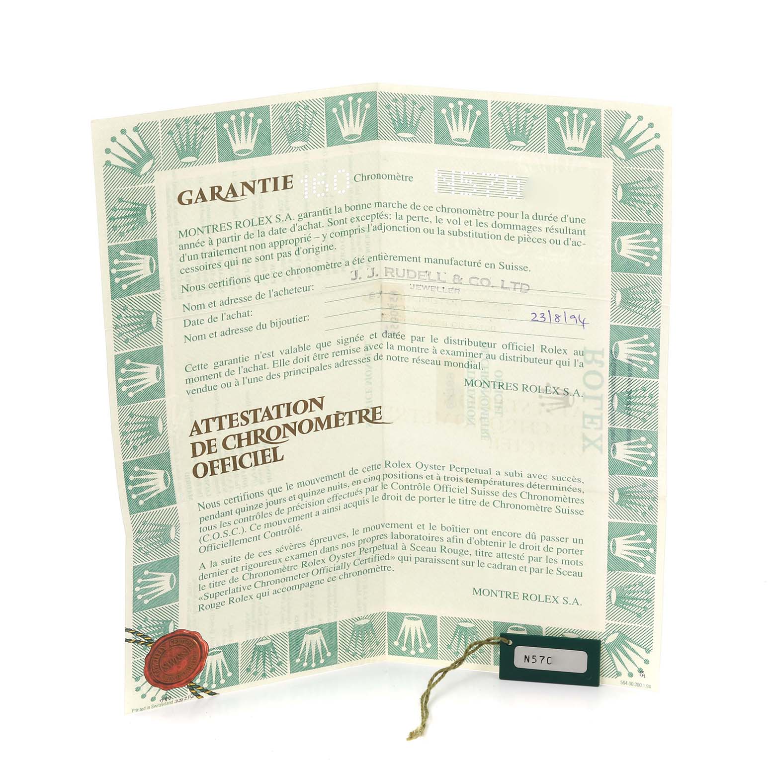 The image shows the warranty certificate and tag for a Rolex Mid-Size 68288 Women's Yellow Gold Champagne Dial 68288 Women's Yellow Gold Champagne Dial watch.