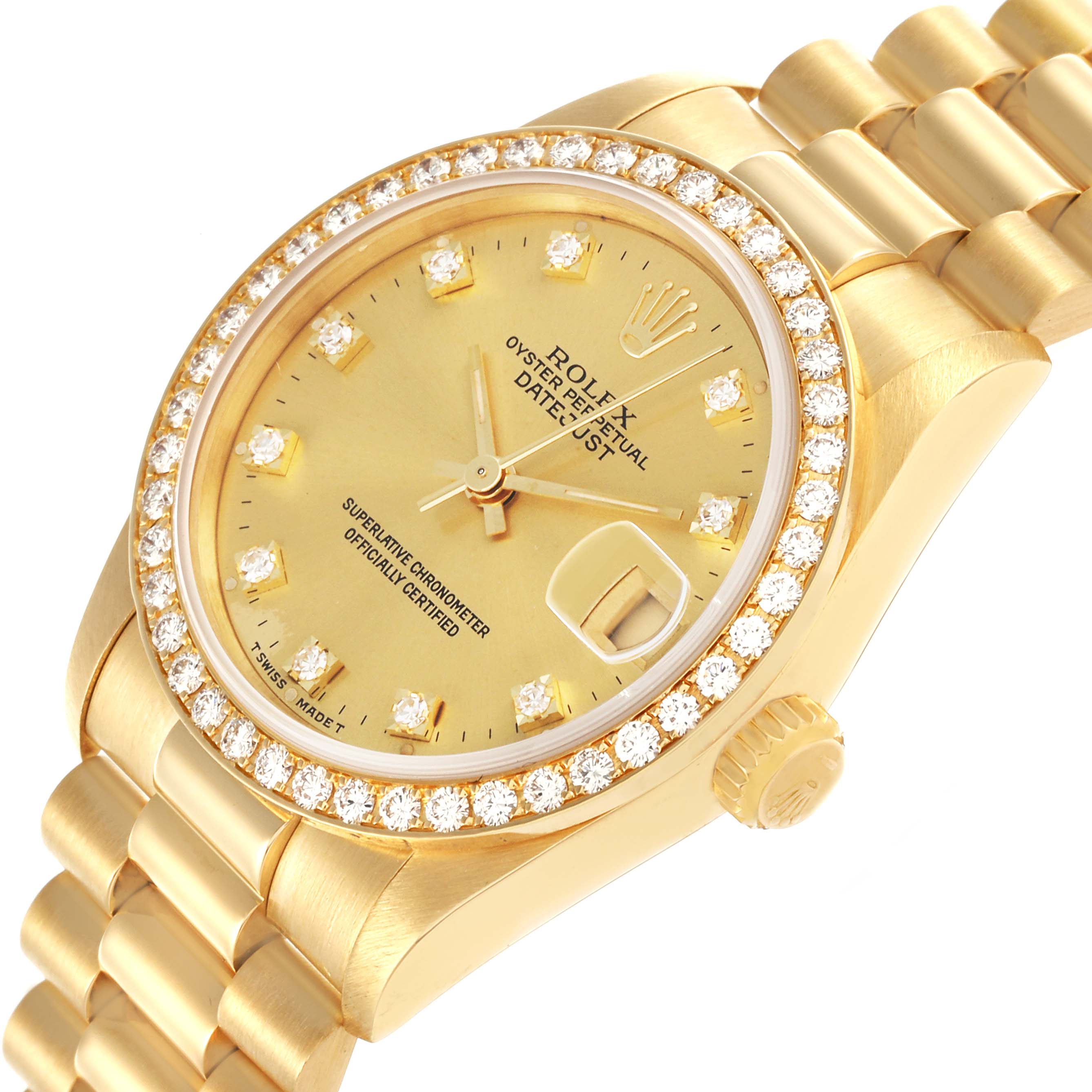 The Rolex Mid-Size 68288 Women's Yellow Gold Champagne Dial 68288 Women's Yellow Gold Champagne Dial model is shown at a slight angle, highlighting the gold dial, diamond bezel, crown, and bracelet.