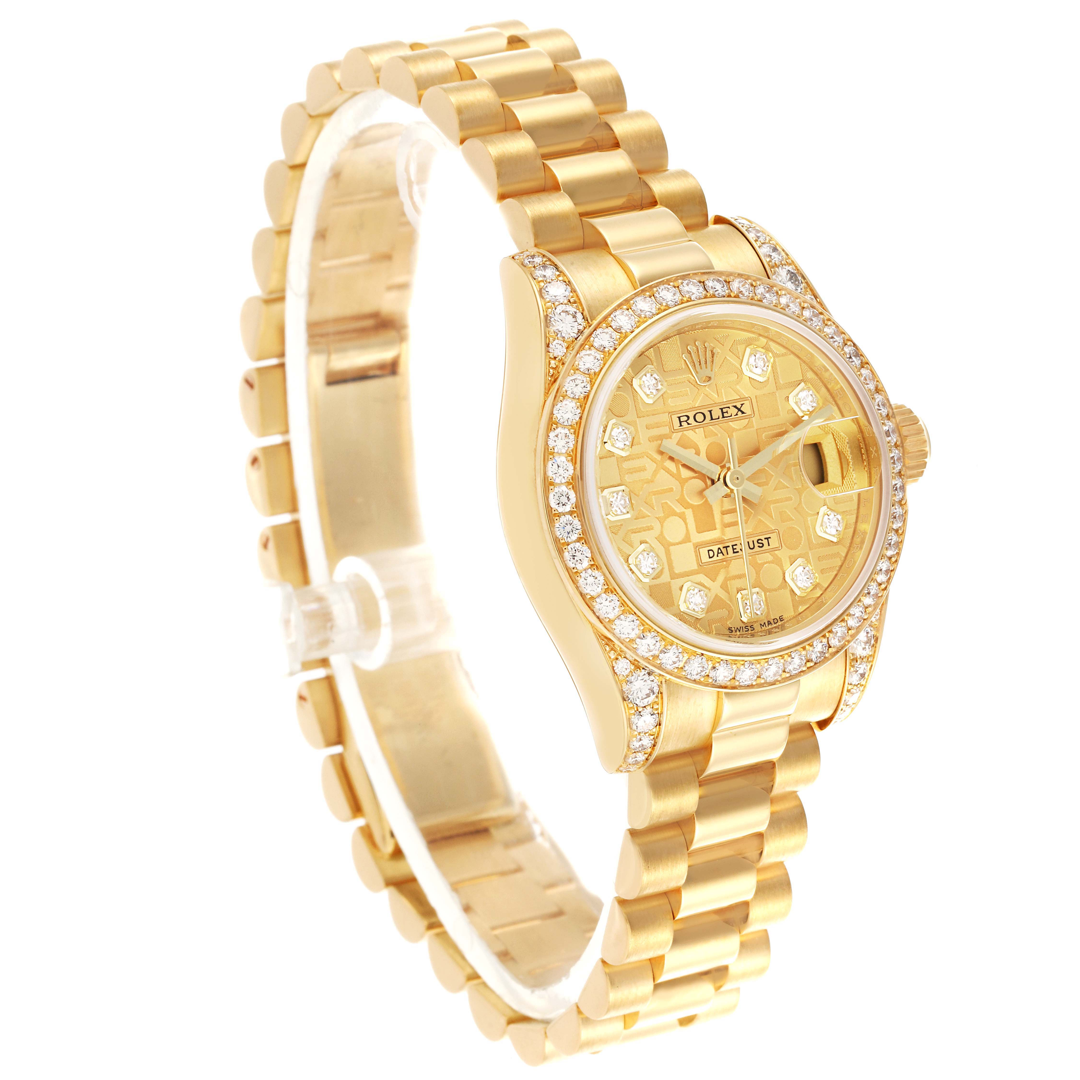 The image shows a side angle of the Rolex President 179158 Women's Yellow Gold Champagne Dial 179158 Women's Yellow Gold Champagne Dial model, highlighting the gold bracelet and diamond-studded bezel and dial.
