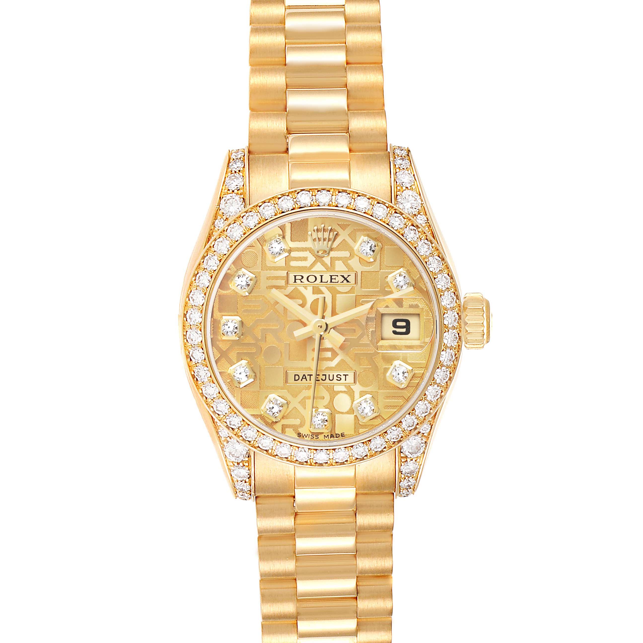 The Rolex President 179158 Women's Yellow Gold Champagne Dial 179158 Women's Yellow Gold Champagne Dial model is shown from a front angle, displaying the face, bezel, and part of the bracelet.