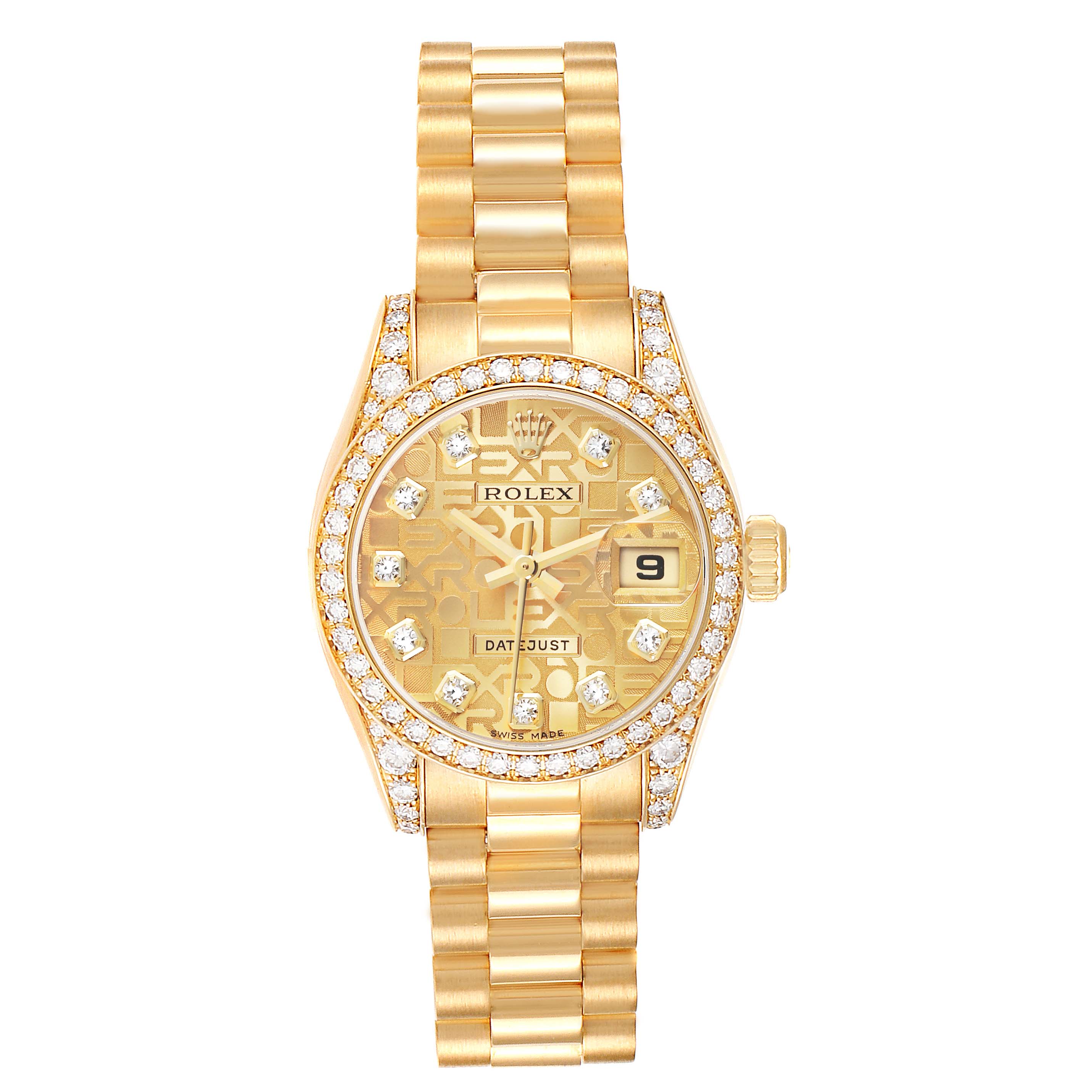 The Rolex President 179158 Women's Yellow Gold Champagne Dial 179158 Women's Yellow Gold Champagne Dial model is shown from a top view, highlighting the dial, bezel, and bracelet.