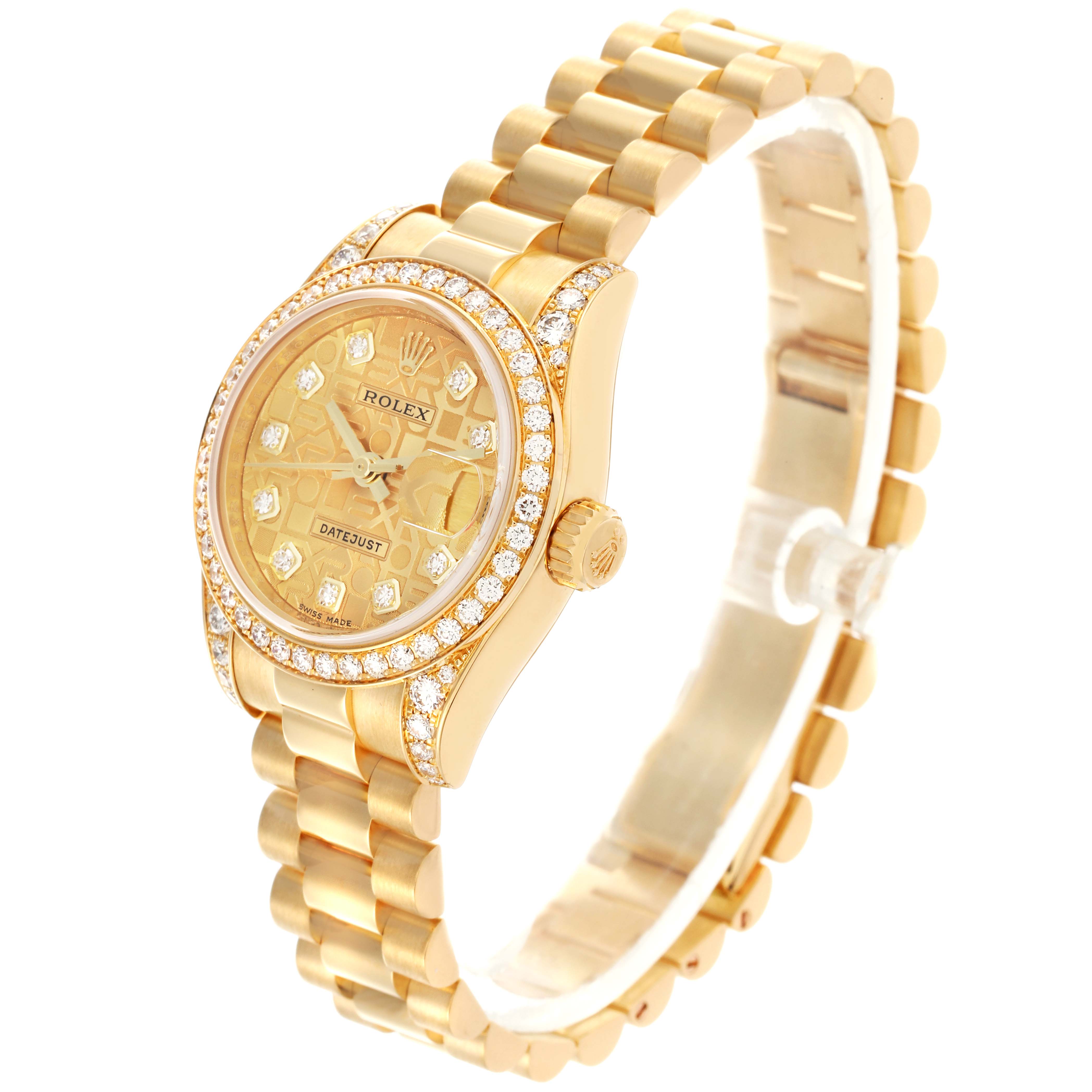 The Rolex President 179158 Women's Yellow Gold Champagne Dial 179158 Women's Yellow Gold Champagne Dial model is shown at an angle highlighting the dial, bezel, crown, and bracelet.