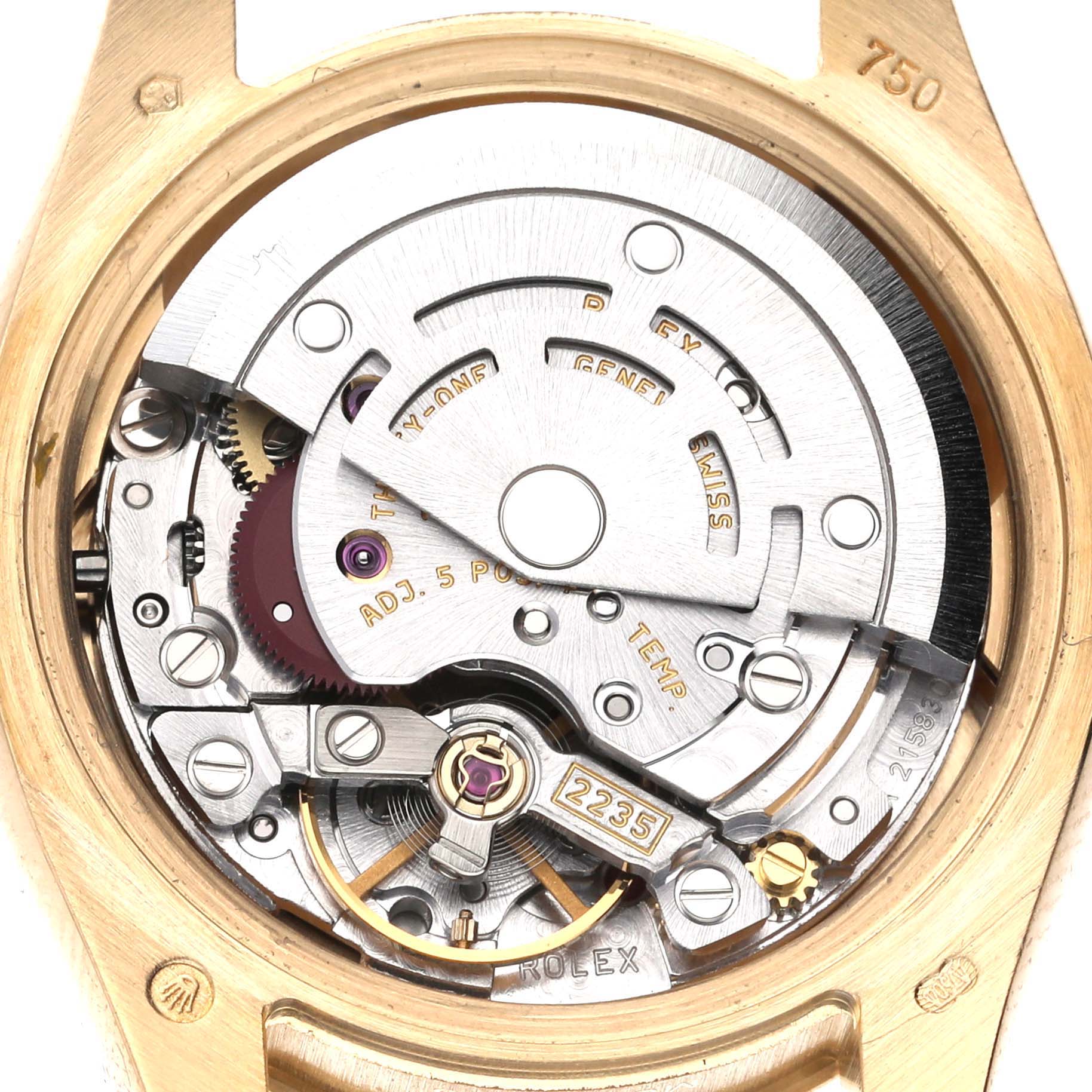 The image shows the internal mechanism of a Rolex President 179158 Women's Yellow Gold Champagne Dial 179158 Women's Yellow Gold Champagne Dial watch, viewed from the back.