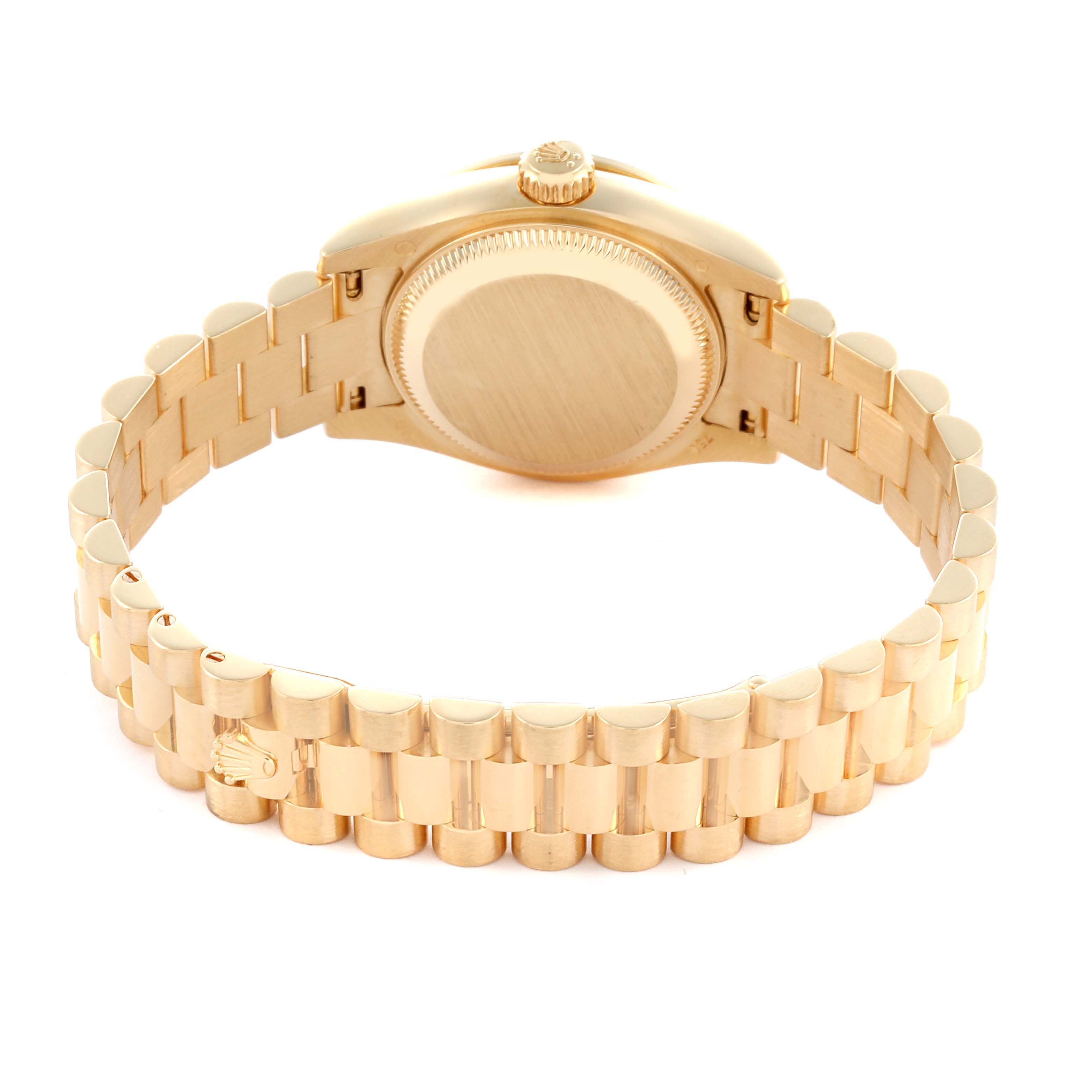 The Rolex President 179158 Women's Yellow Gold Champagne Dial 179158 Women's Yellow Gold Champagne Dial model watch is shown from the back, highlighting its gold case and bracelet.