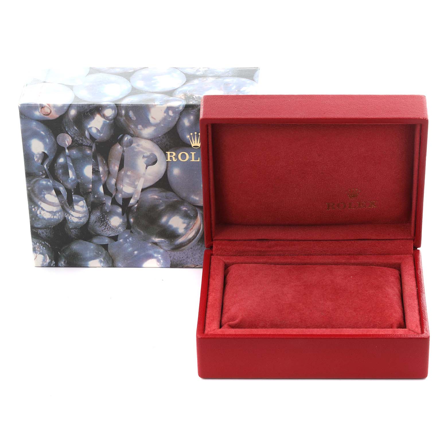 The image shows a Rolex President 179158 Women's Yellow Gold Champagne Dial 179158 Women's Yellow Gold Champagne Dial model box, featuring a closed lid and an open interior with a red cushion.