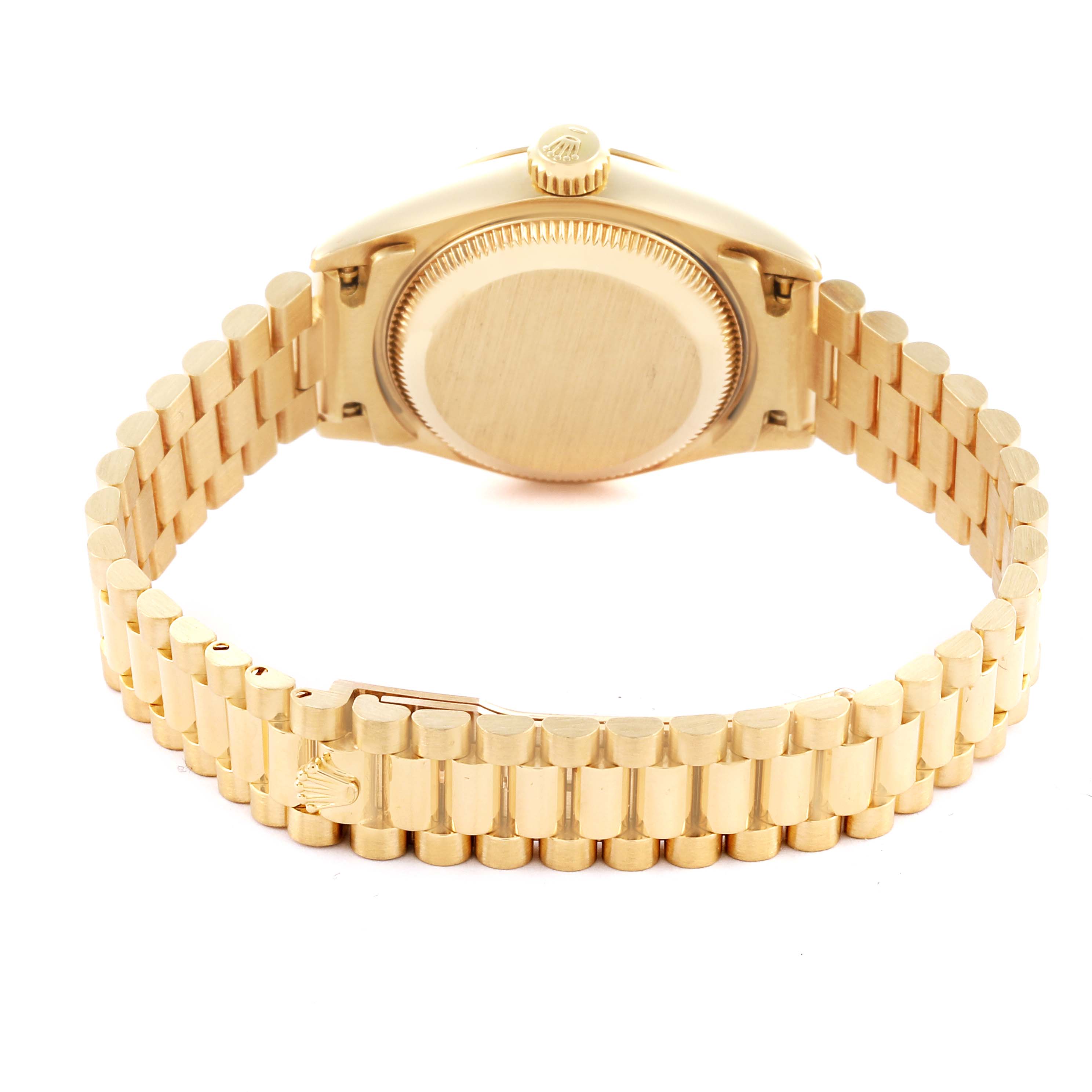 The image shows the back of a Rolex Datejust 69178 Women's Yellow Gold Champagne Dial 69178 Women's Yellow Gold Champagne Dial watch, highlighting the case back and bracelet.