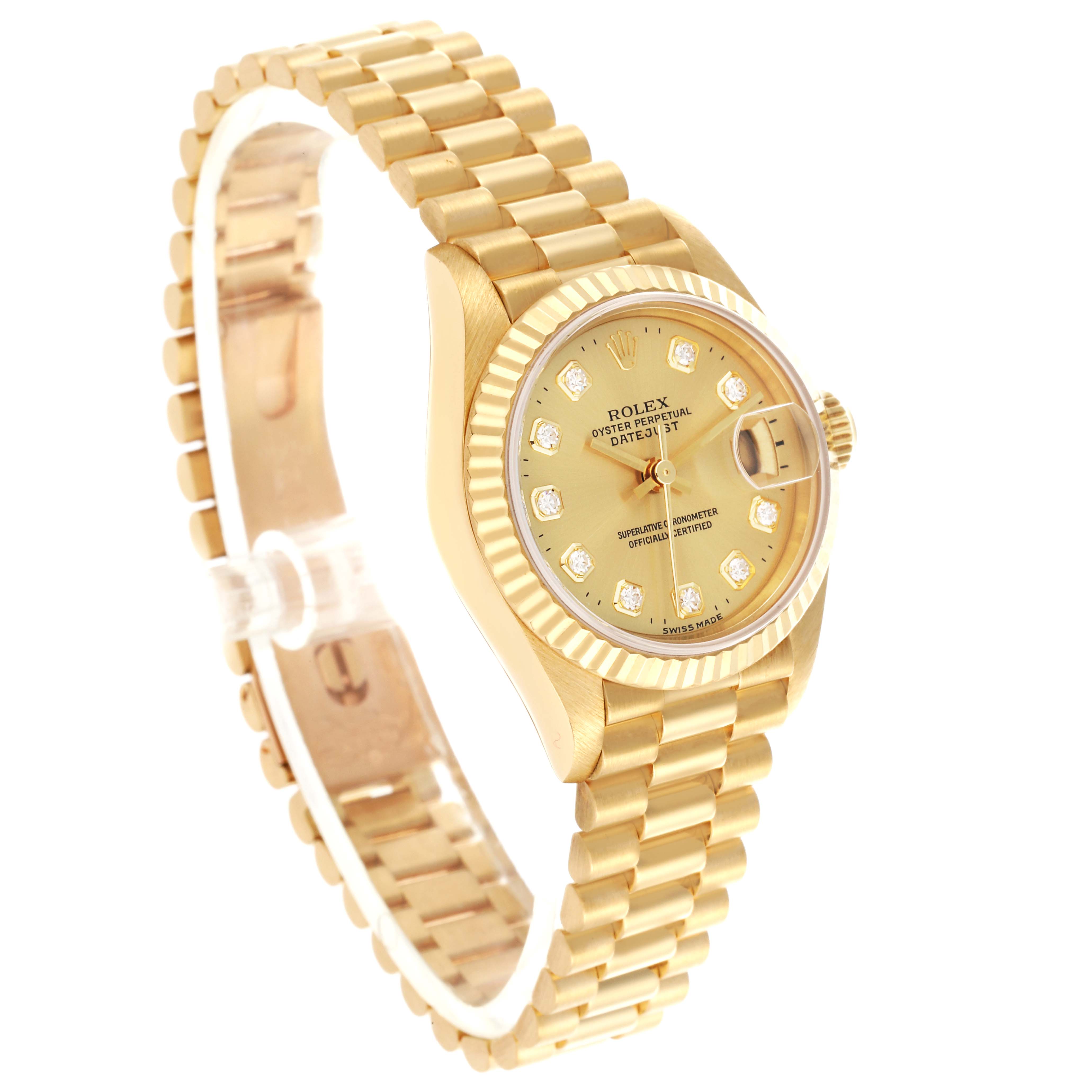 The Rolex Datejust 69178 Women's Yellow Gold Champagne Dial 69178 Women's Yellow Gold Champagne Dial is shown at a slight angle, highlighting the gold bracelet, case, and diamond-accented dial.