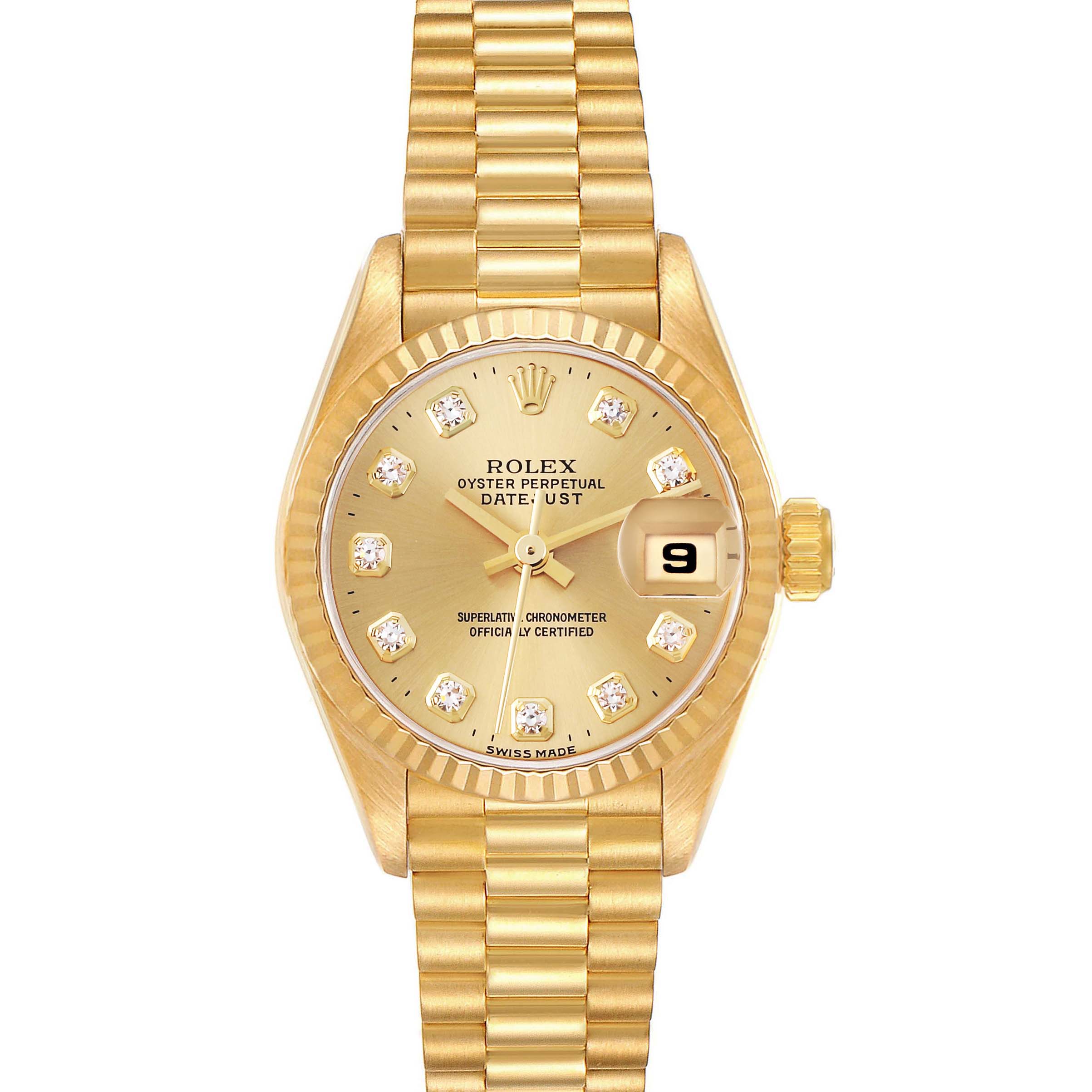 The Rolex Datejust 69178 Women's Yellow Gold Champagne Dial 69178 Women's Yellow Gold Champagne Dial watch is shown from the front, displaying the dial, bezel, case, and bracelet.