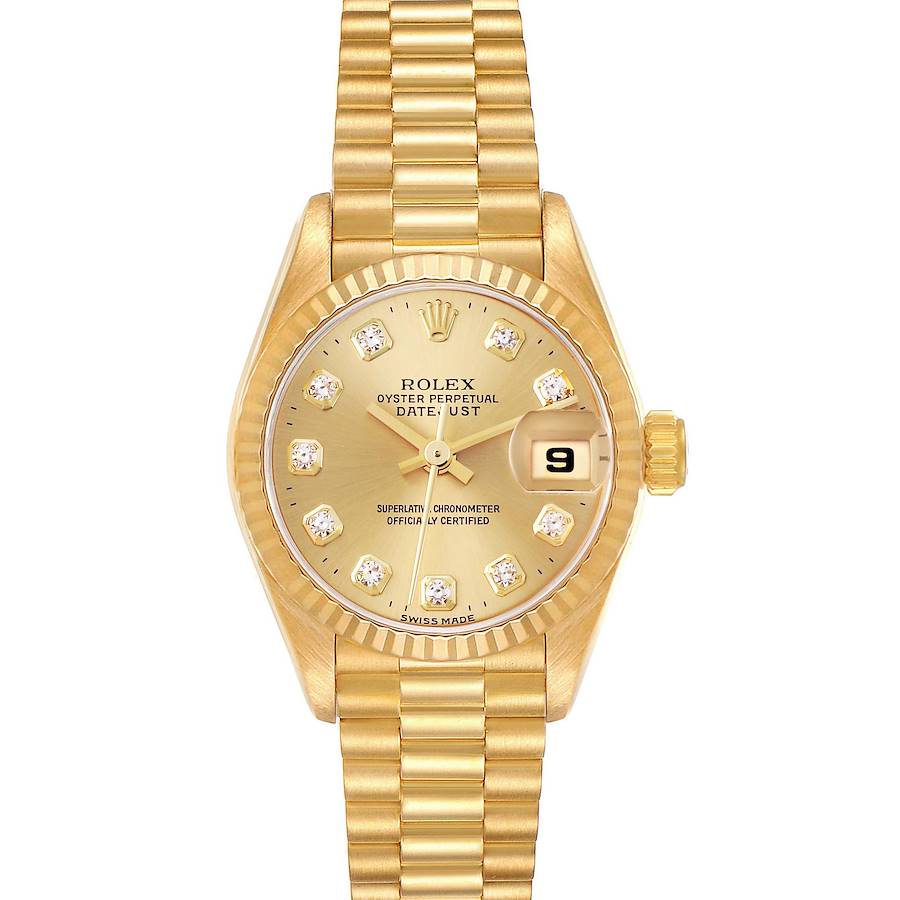 The Rolex Datejust watch is shown from the front, displaying the dial, bezel, case, and bracelet.