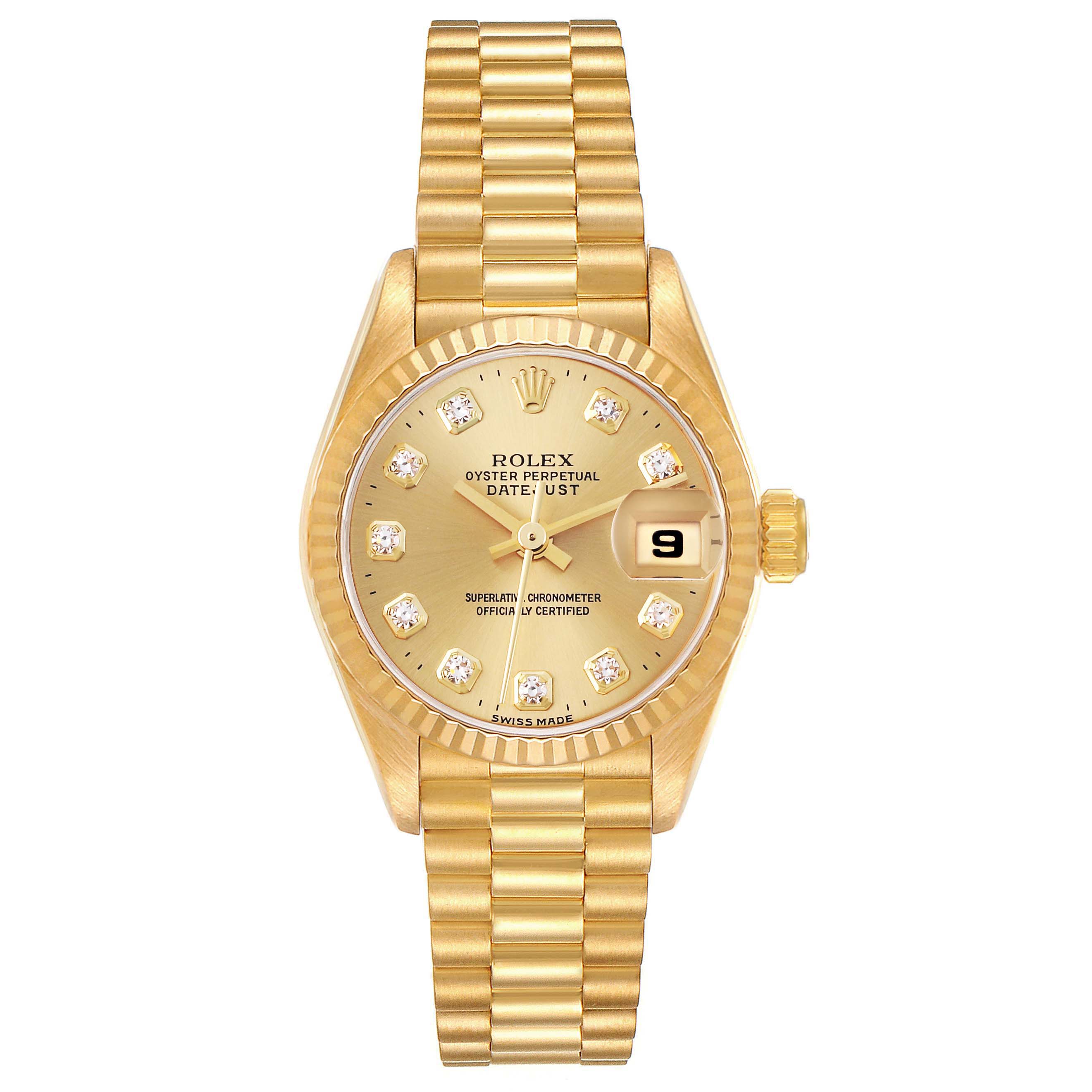 The Rolex Datejust 69178 Women's Yellow Gold Champagne Dial 69178 Women's Yellow Gold Champagne Dial watch is shown from the front, highlighting the dial, bezel, and bracelet.