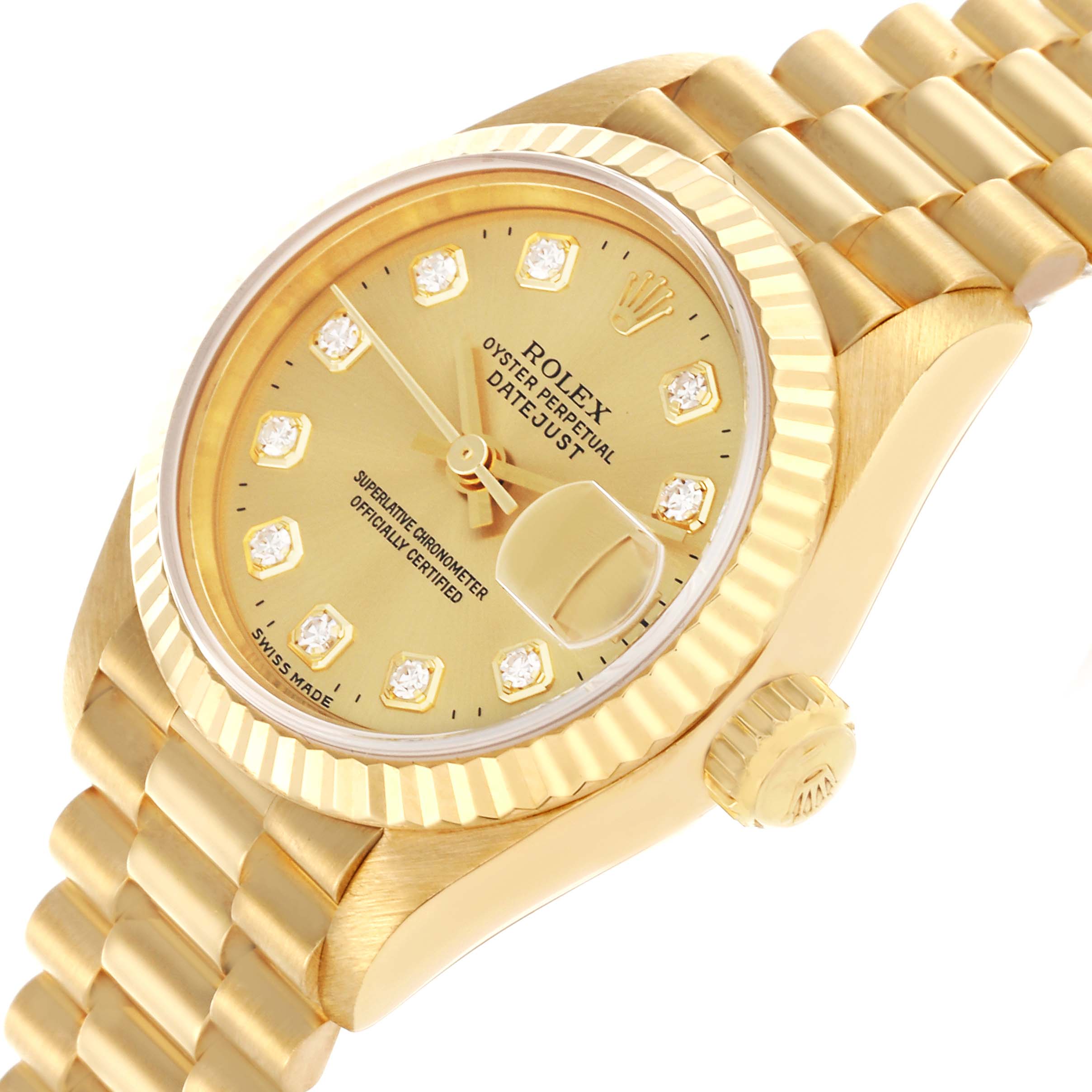 The Rolex Datejust 69178 Women's Yellow Gold Champagne Dial 69178 Women's Yellow Gold Champagne Dial watch is shown at a side angle, highlighting the dial, bezel, bracelet, and crown.