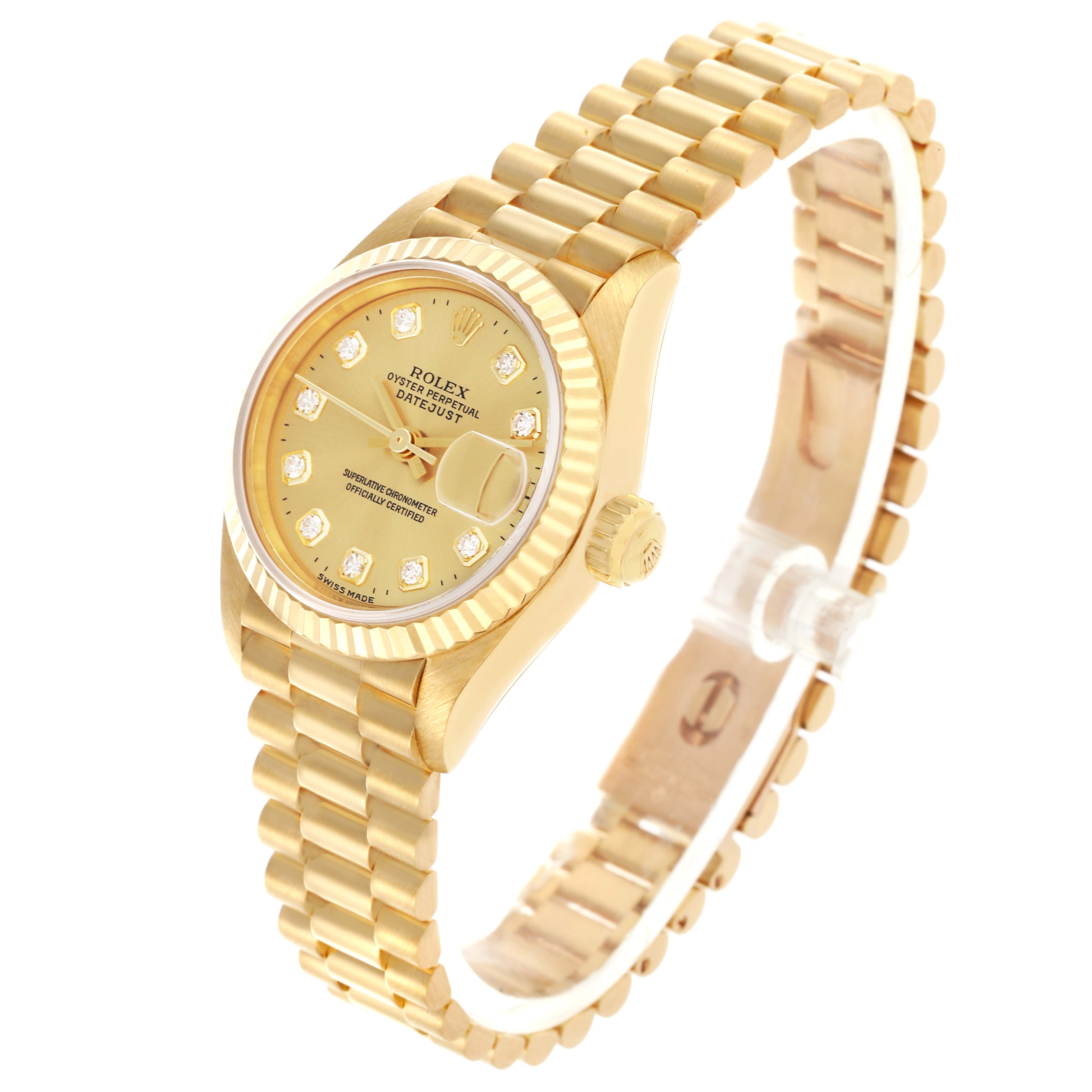 The Rolex Datejust 69178 Women's Yellow Gold Champagne Dial 69178 Women's Yellow Gold Champagne Dial watch is shown at a three-quarter angle, highlighting the face, crown, and bracelet.