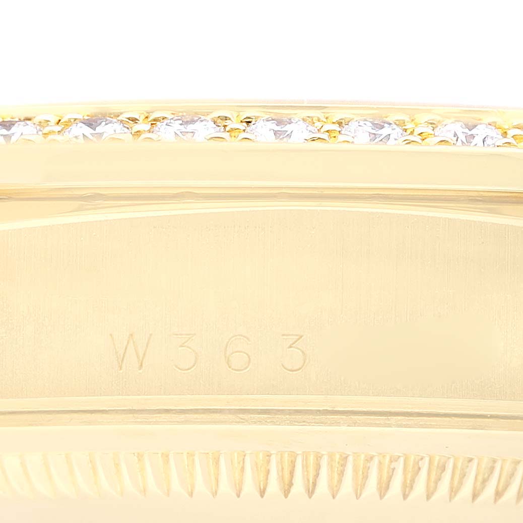 The image shows a close-up of the case and bezel, featuring diamonds, of a Rolex President 18348 Men
s Yellow Gold Champagne Dial 18348 Men
s Yellow Gold Champagne Dial model watch.