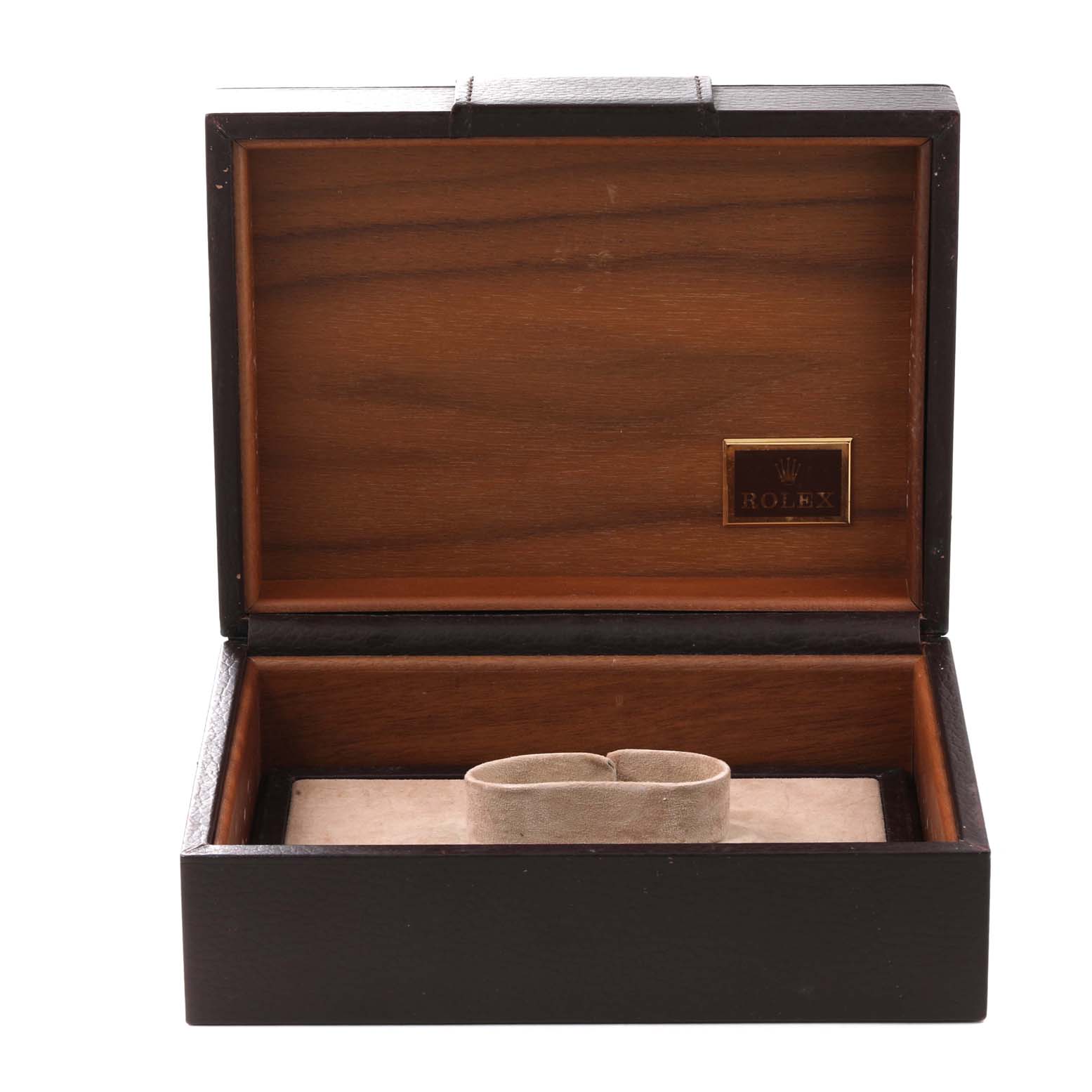 This image shows an open wooden box for the Rolex President 18348 Men
s Yellow Gold Champagne Dial 18348 Men
s Yellow Gold Champagne Dial model watch, featuring the Rolex logo inside.
