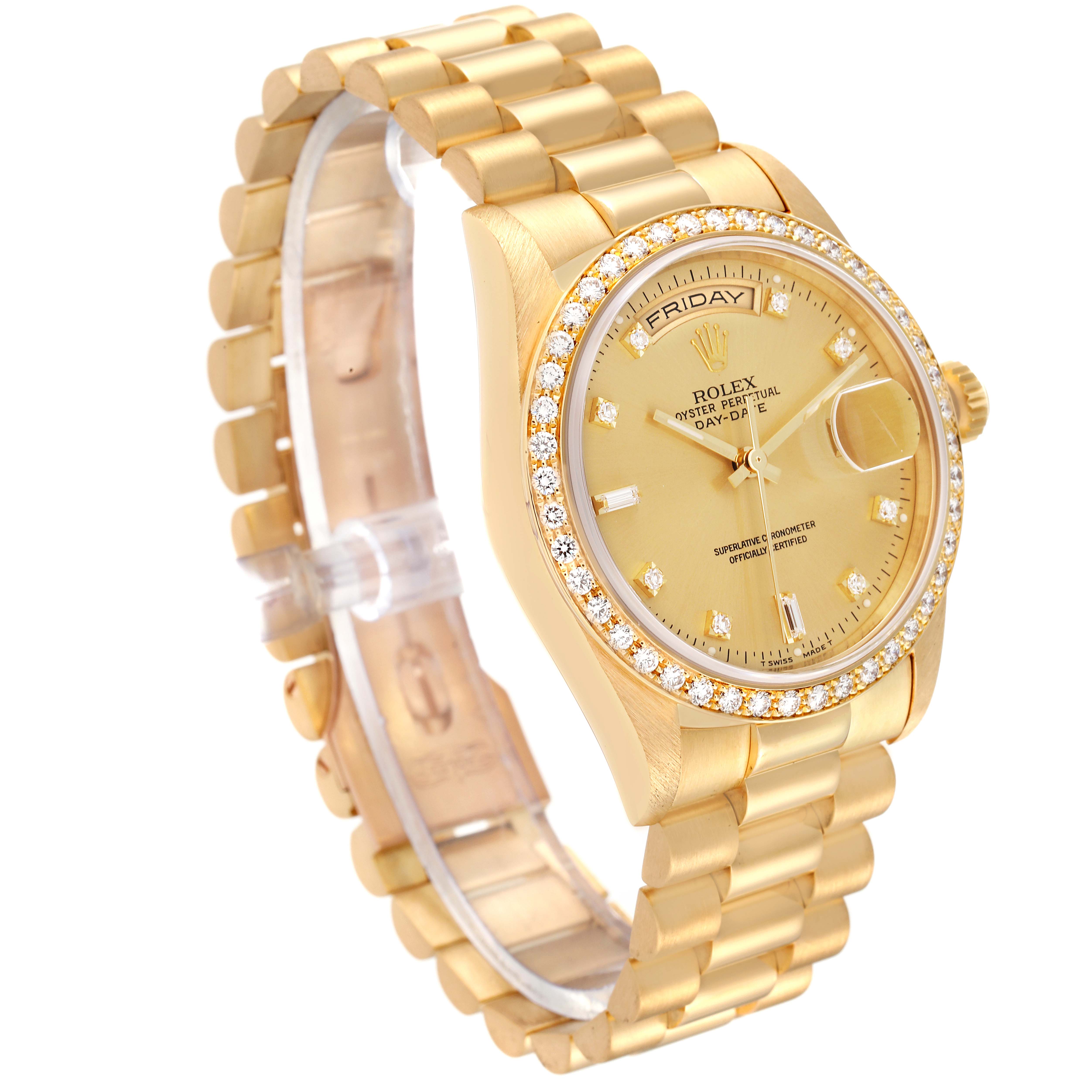 The image shows a gold Rolex President 18348 Men
s Yellow Gold Champagne Dial 18348 Men
s Yellow Gold Champagne Dial model watch at a three-quarter angle, displaying its face, bezel, and bracelet.