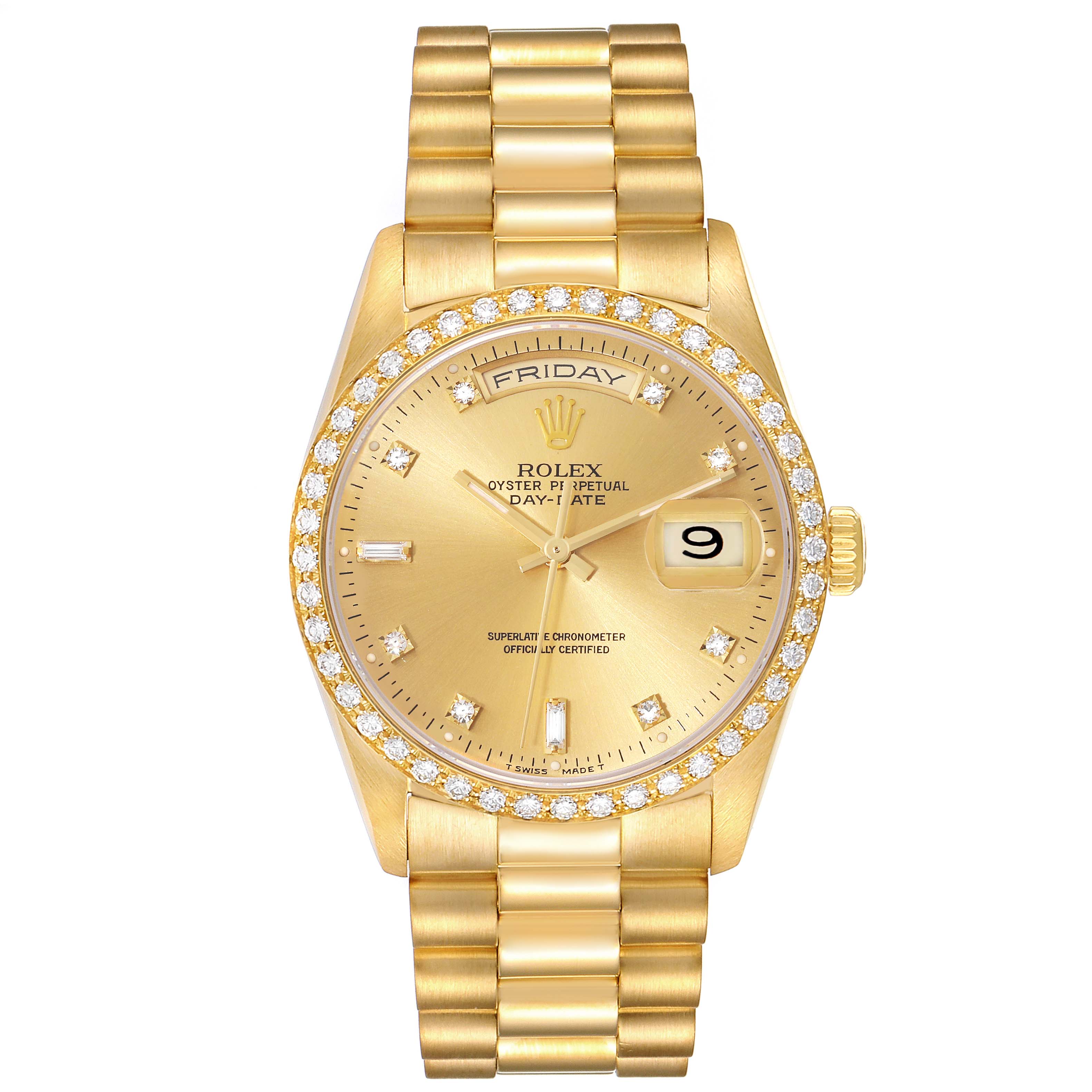 The image shows a frontal view of a Rolex President 18348 Men
s Yellow Gold Champagne Dial 18348 Men
s Yellow Gold Champagne Dial model watch, highlighting its gold case, diamond-studded bezel, and bracelet.