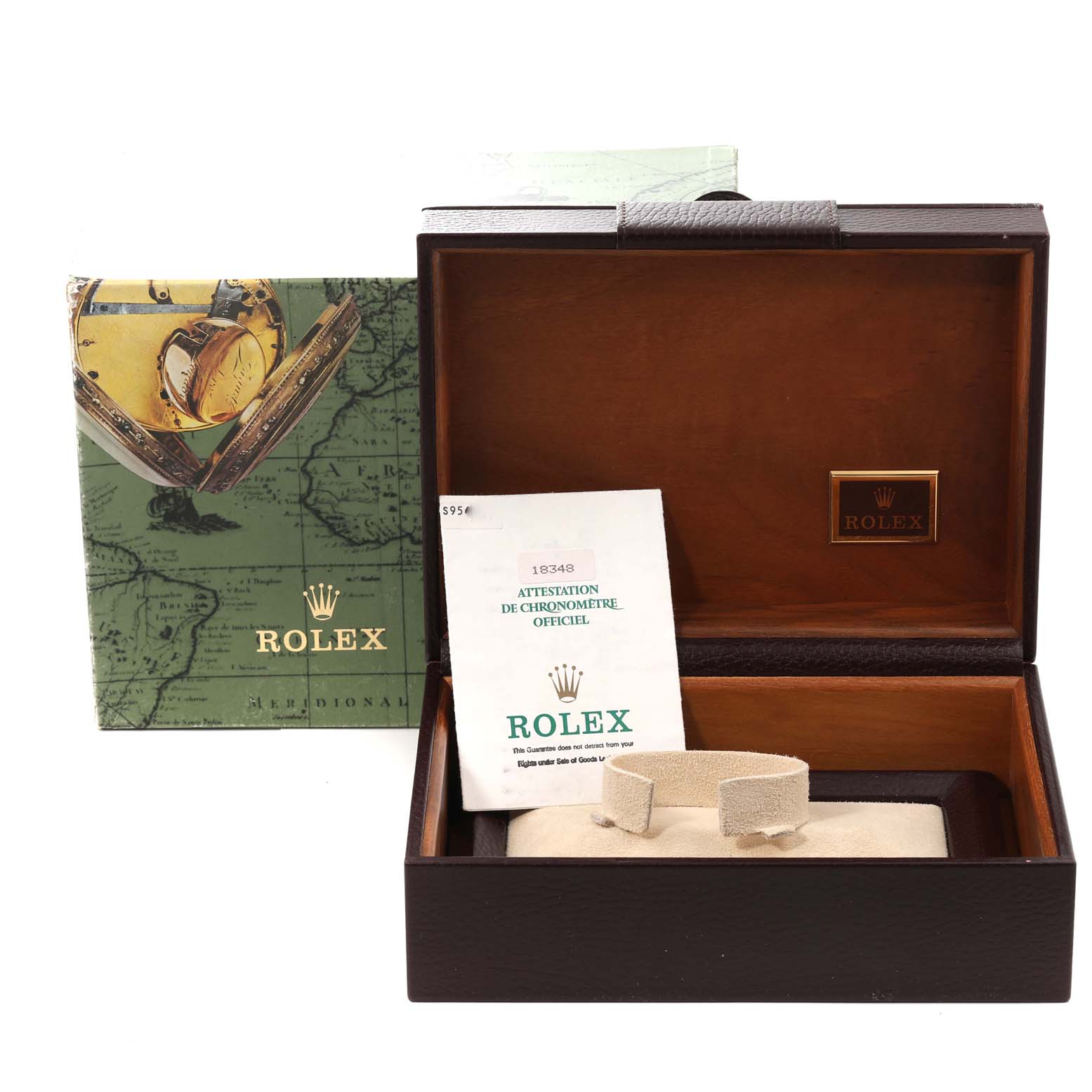The image shows the box and papers for a Rolex President 18348 Men
s Yellow Gold Champagne Dial 18348 Men
s Yellow Gold Champagne Dial model, with the box open and the papers alongside.