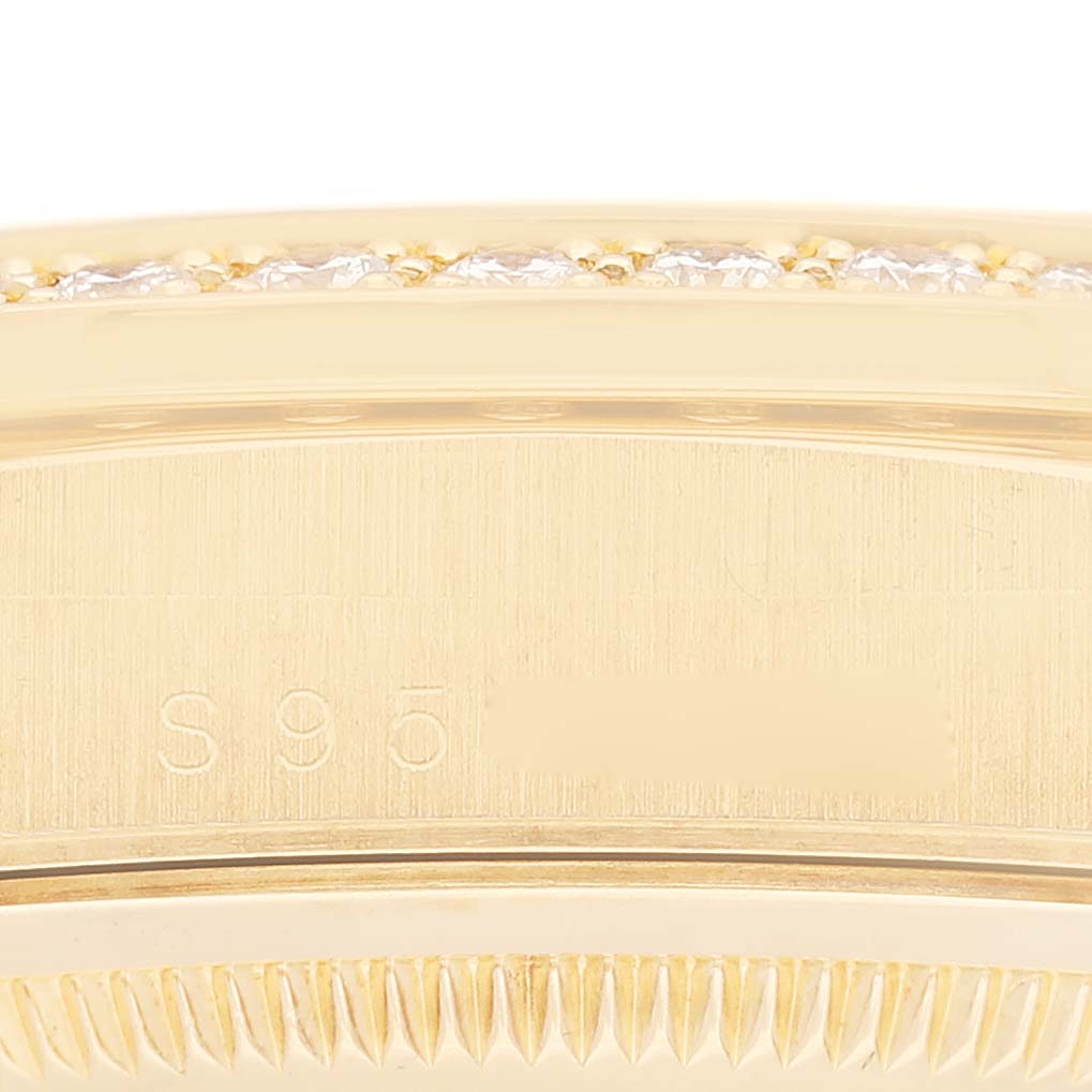 The image shows a close-up of the engraved case side and bezel with diamonds on the Rolex President 18348 Men
s Yellow Gold Champagne Dial 18348 Men
s Yellow Gold Champagne Dial model watch.