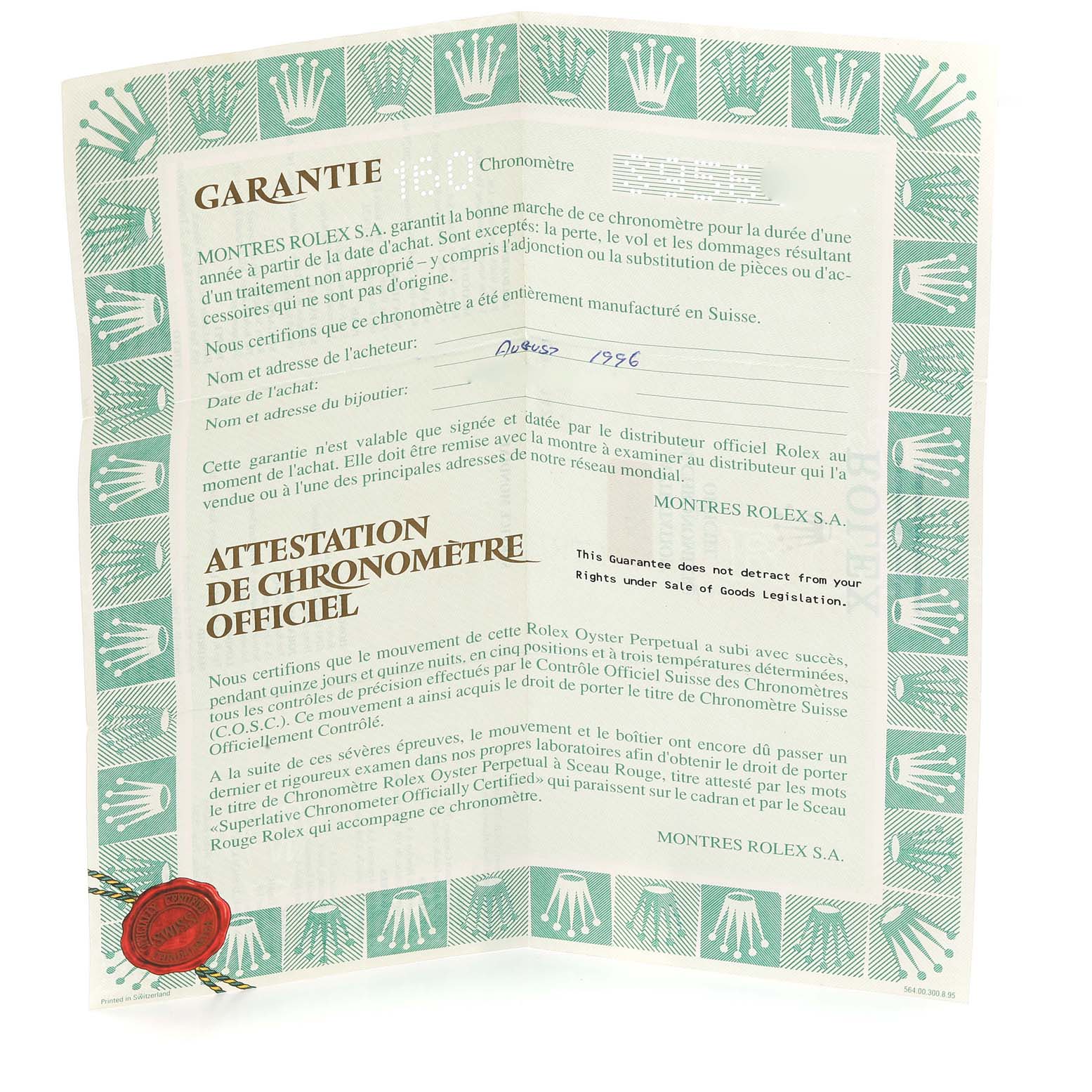 The image shows the official Chronometer Certificate and warranty paperwork for a Rolex President 18348 Men
s Yellow Gold Champagne Dial 18348 Men
s Yellow Gold Champagne Dial model watch.