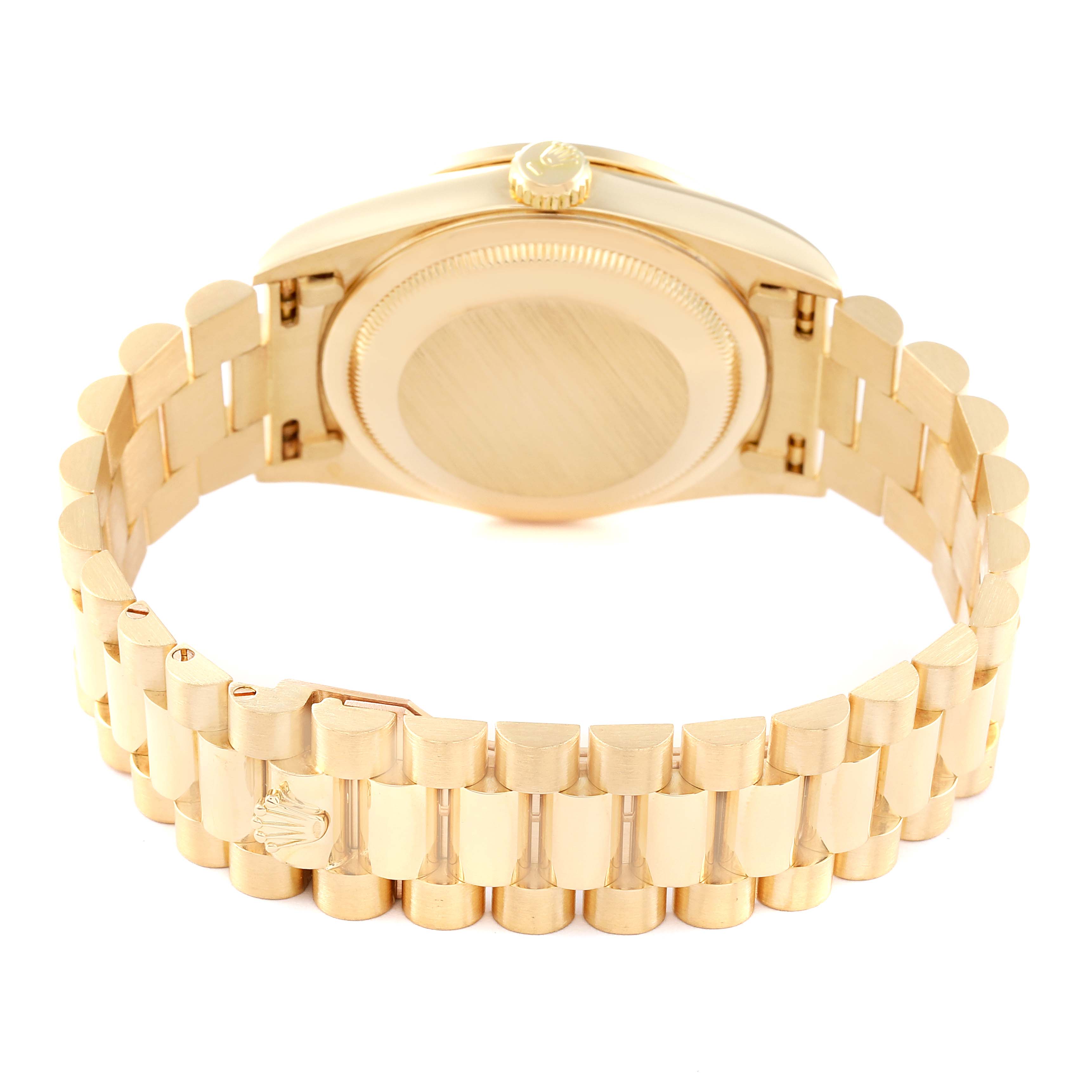 The image shows the backside and band of a Rolex President 18348 Men
s Yellow Gold Champagne Dial 18348 Men
s Yellow Gold Champagne Dial model watch, highlighting the case back and link bracelet.