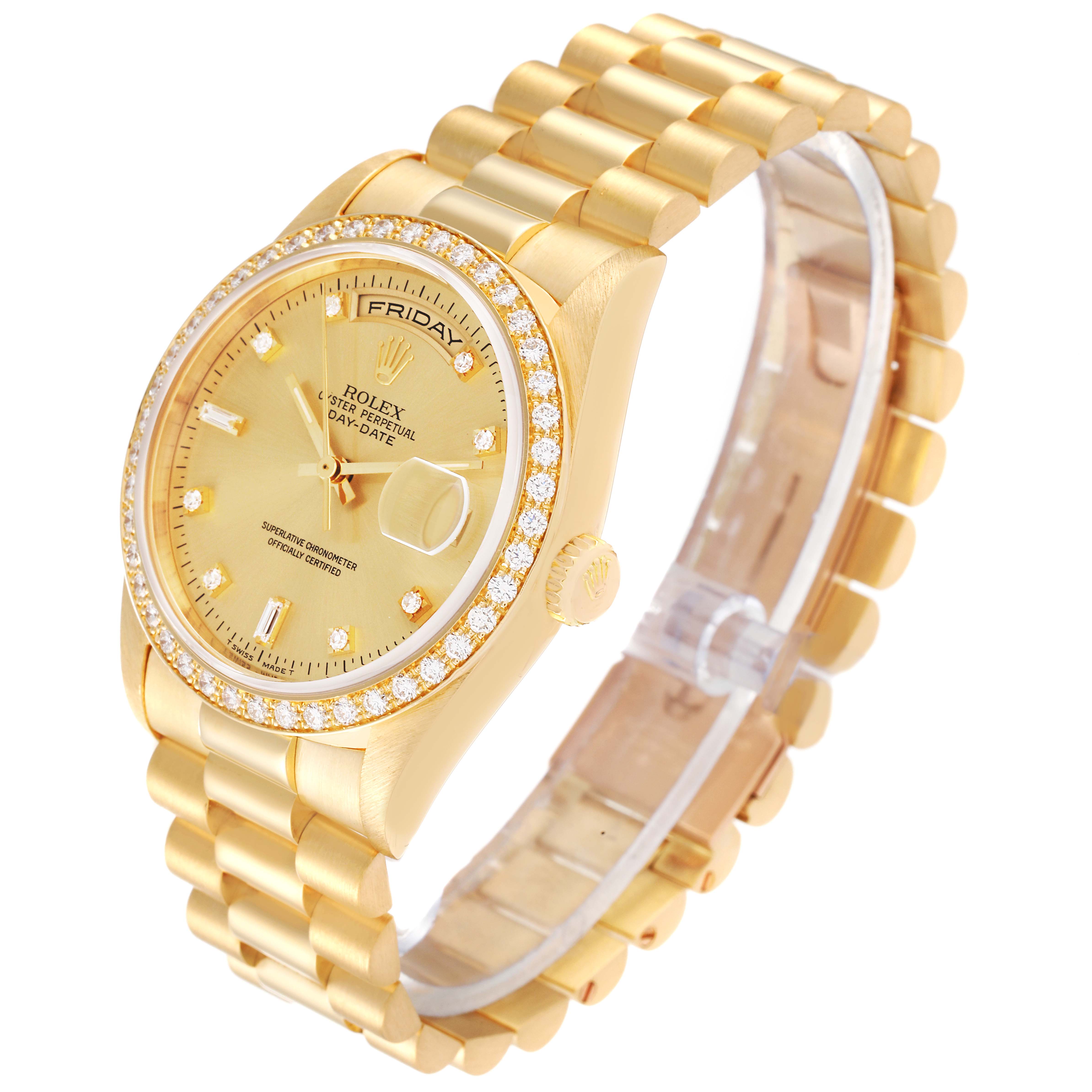 This is a Rolex President 18348 Men
s Yellow Gold Champagne Dial 18348 Men
s Yellow Gold Champagne Dial model watch shown at an angle showcasing its face, bezel, bracelet, and crown.