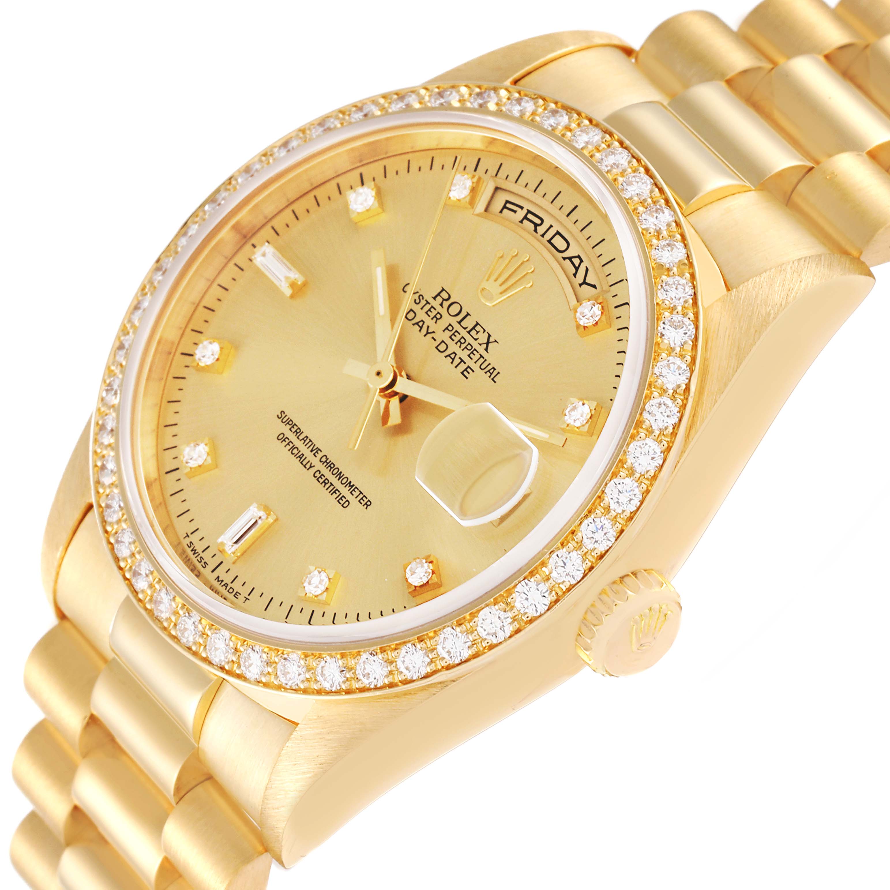 This image shows a close-up angle of the Rolex President 18348 Men
s Yellow Gold Champagne Dial 18348 Men
s Yellow Gold Champagne Dial model watch, highlighting its dial, bezel, and bracelet.