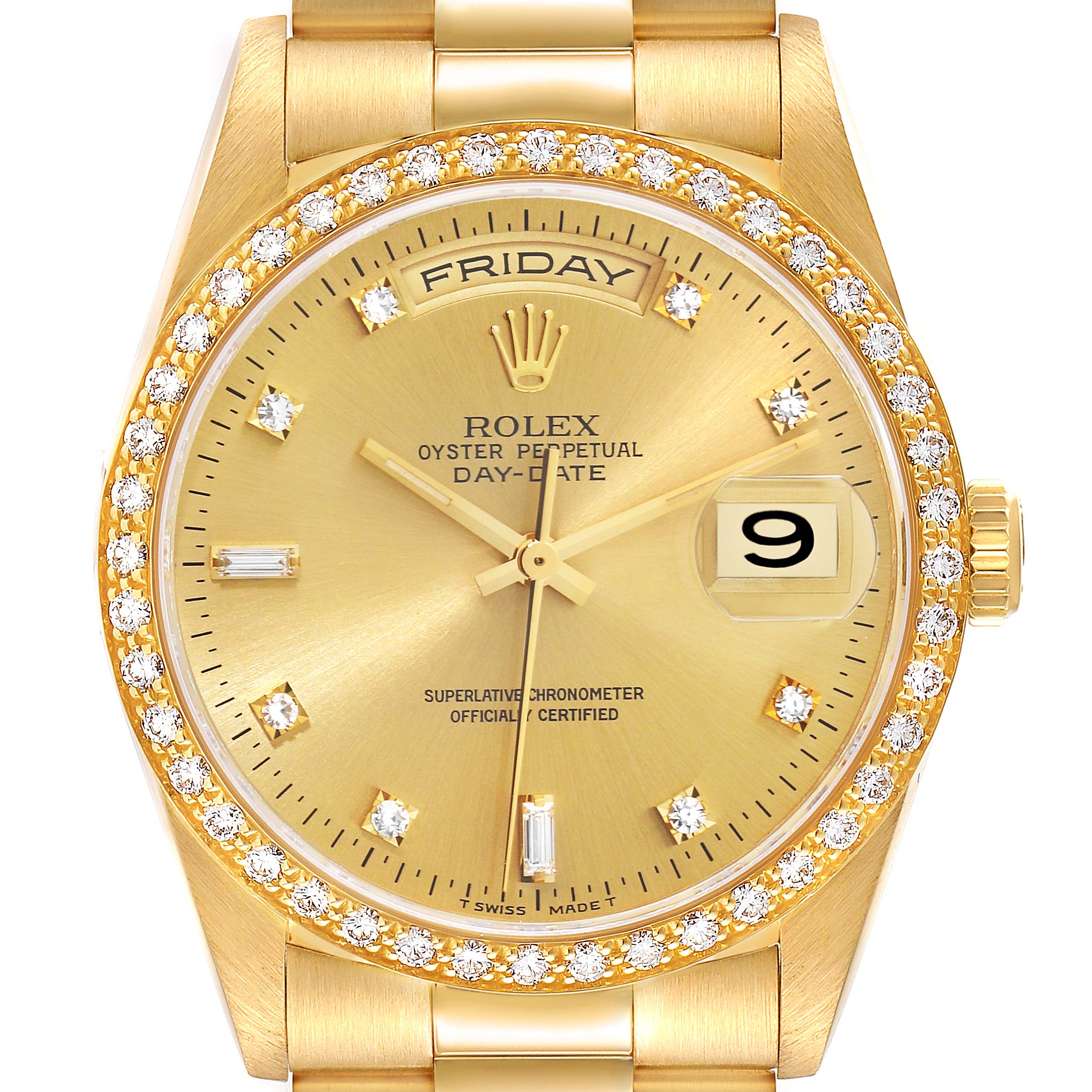 The Rolex President 18348 Men
s Yellow Gold Champagne Dial 18348 Men
s Yellow Gold Champagne Dial watch is shown from a front view, displaying the face, bezel with diamonds, day and date windows, and part of the bracelet.