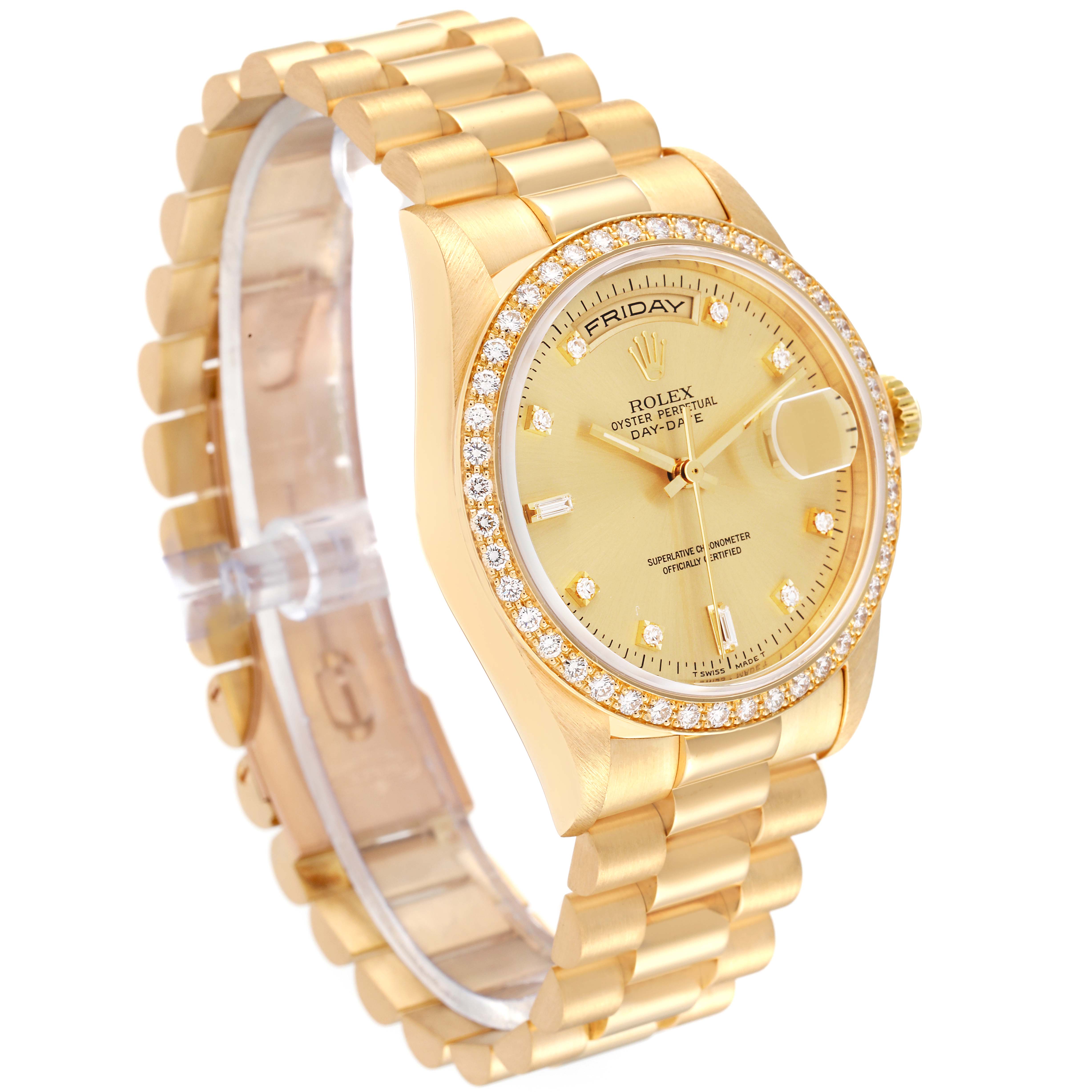 The image shows a Rolex President 18348 Men
s Yellow Gold Champagne Dial 18348 Men
s Yellow Gold Champagne Dial model watch at a three-quarter angle, highlighting the dial, bezel, crown, and bracelet.
