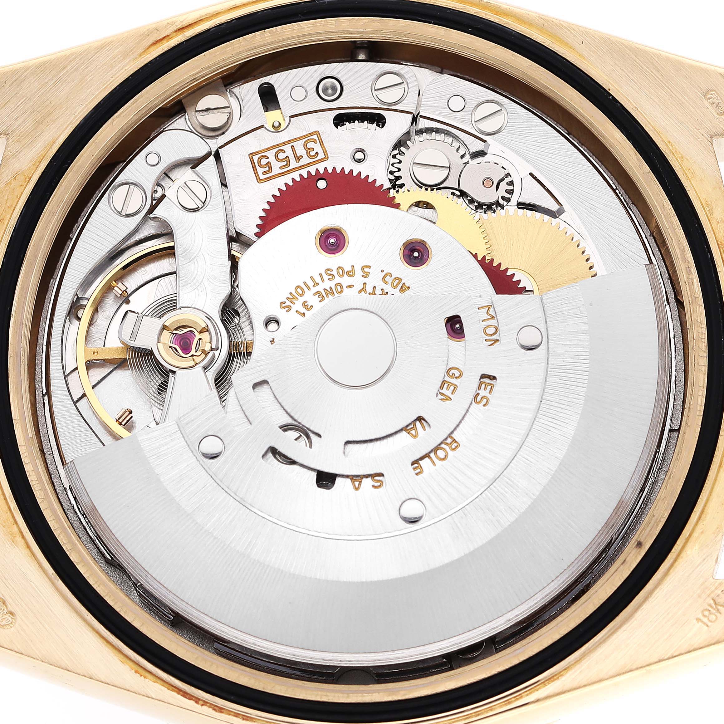 This image shows a close-up view of the movement mechanism of a Rolex President 18348 Men
s Yellow Gold Champagne Dial 18348 Men
s Yellow Gold Champagne Dial model watch.