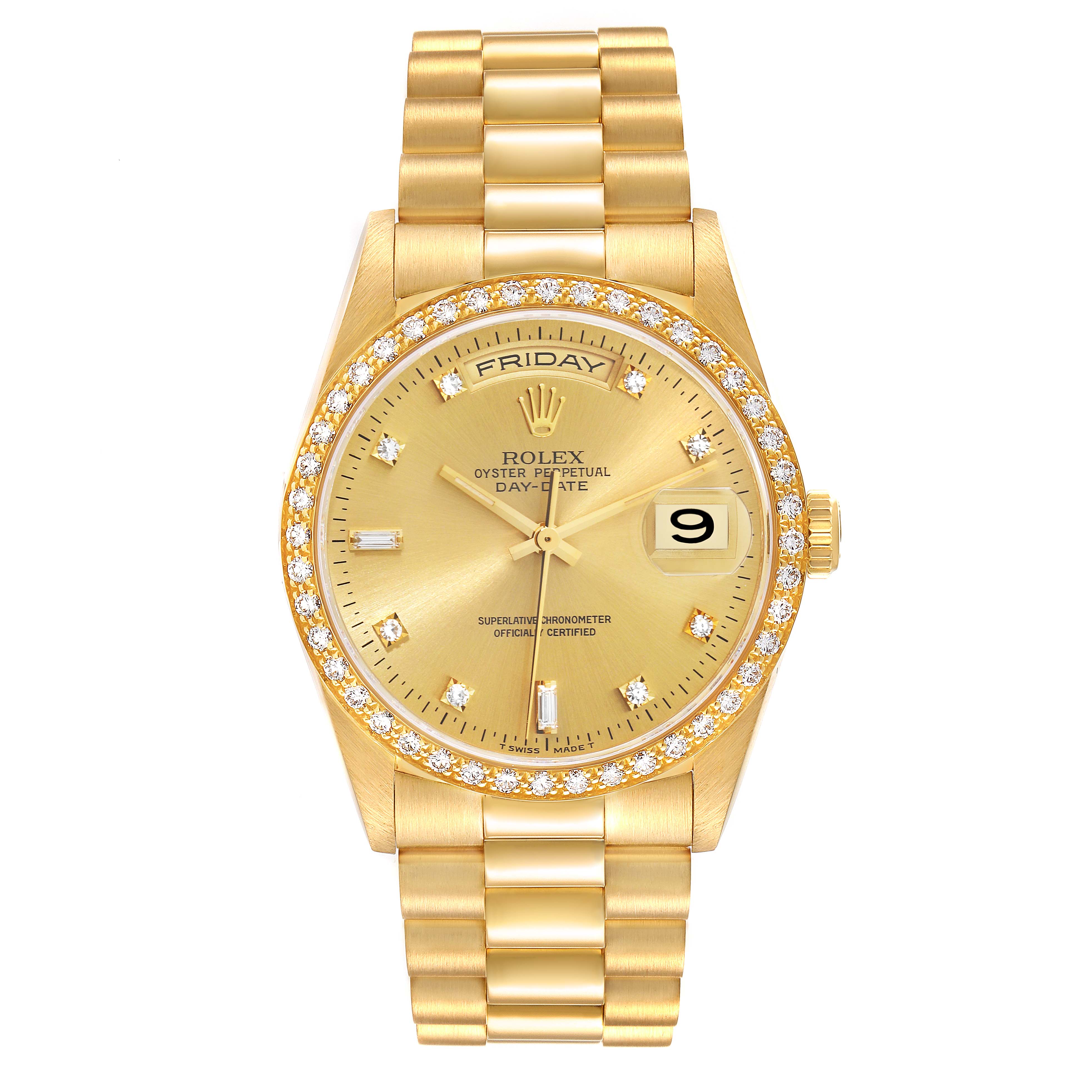 The image shows a front view of a Rolex President 18348 Men
s Yellow Gold Champagne Dial 18348 Men
s Yellow Gold Champagne Dial model watch with a gold bracelet, diamond bezel, and date display.