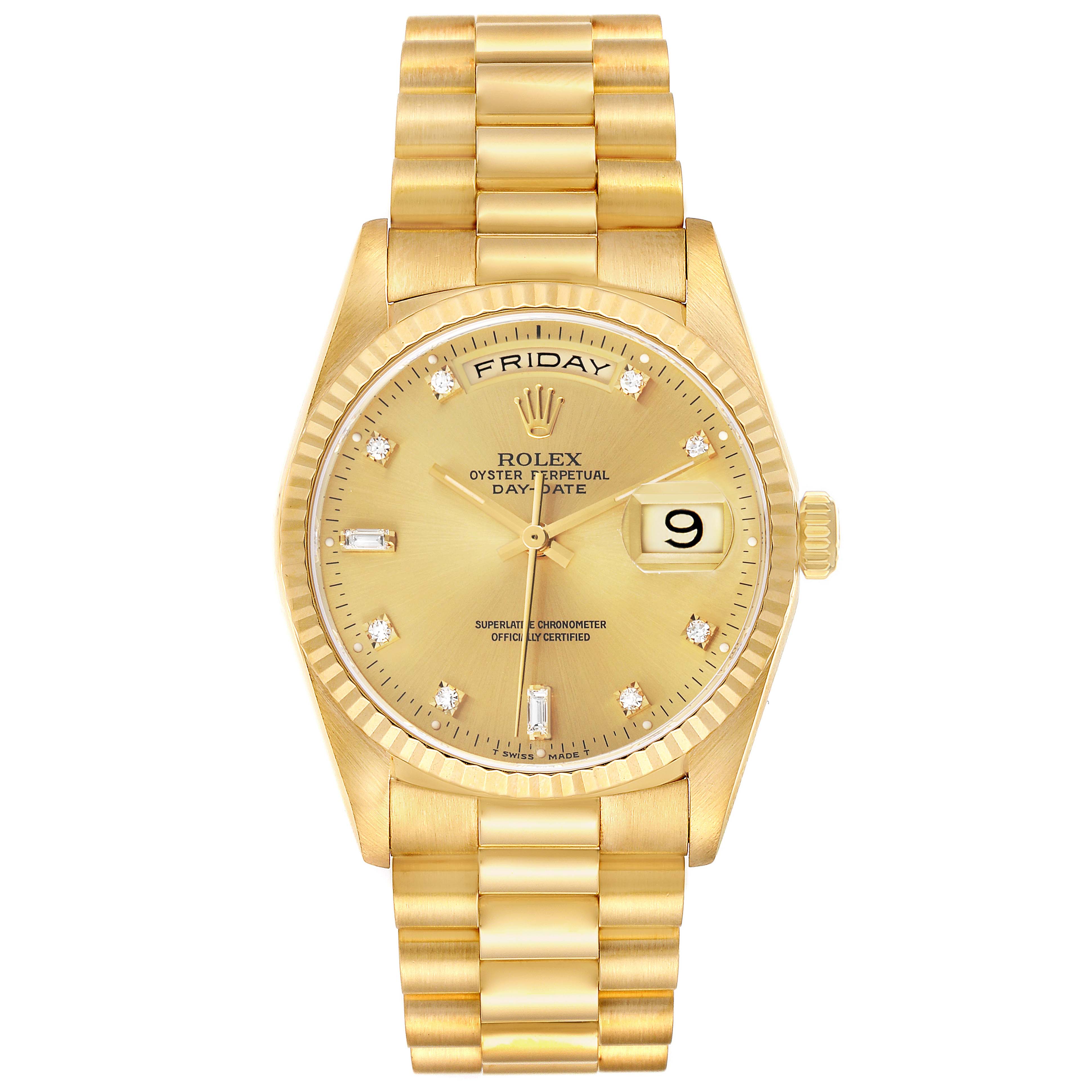 This is a front view of a Rolex President 18238 Men's Yellow Gold Champagne Dial model, showing the full face, bracelet, crown, and day-date features.