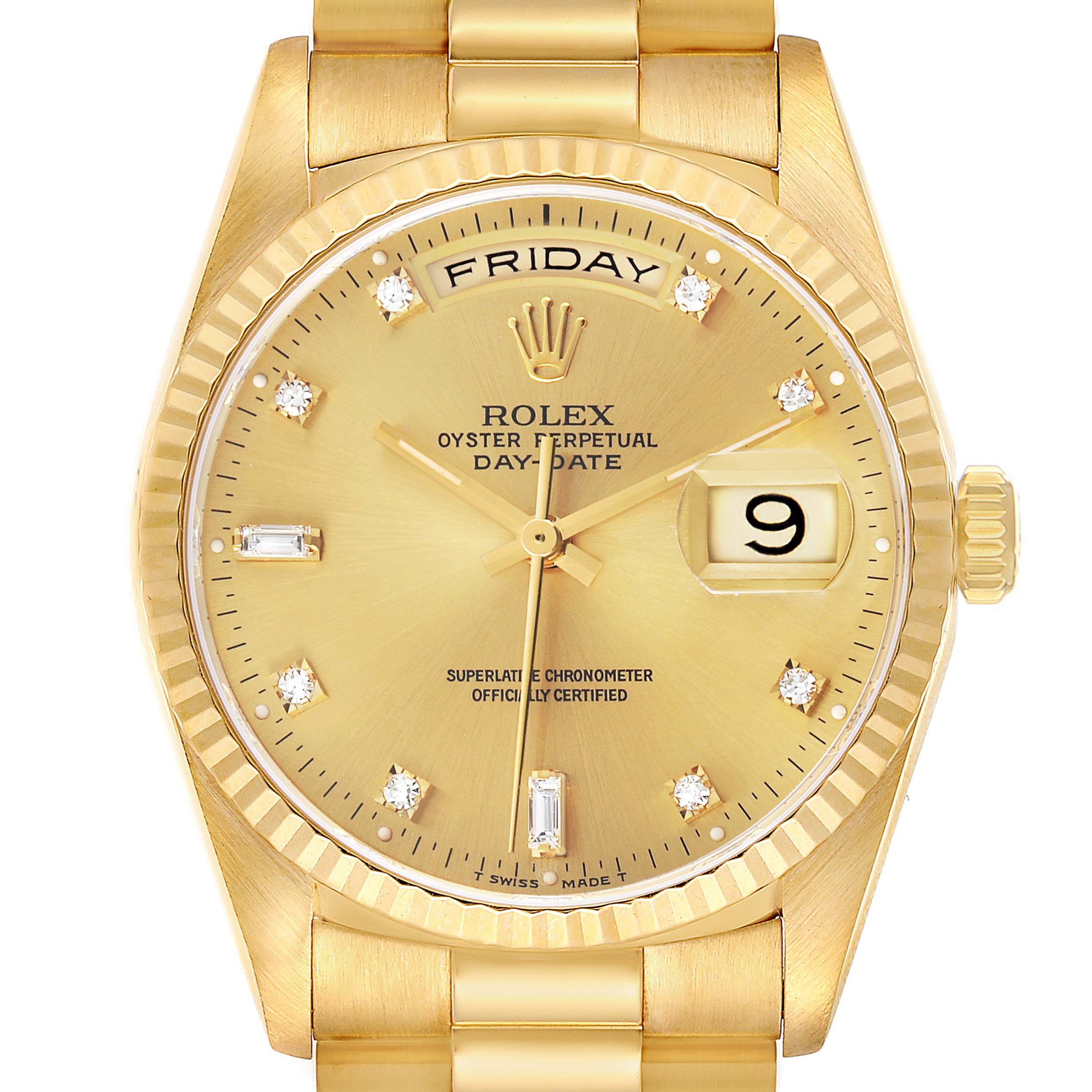 The Rolex President 18238 Men's Yellow Gold Champagne Dial model is shown from a front angle, highlighting the dial, hands, day-date windows, and bracelet.