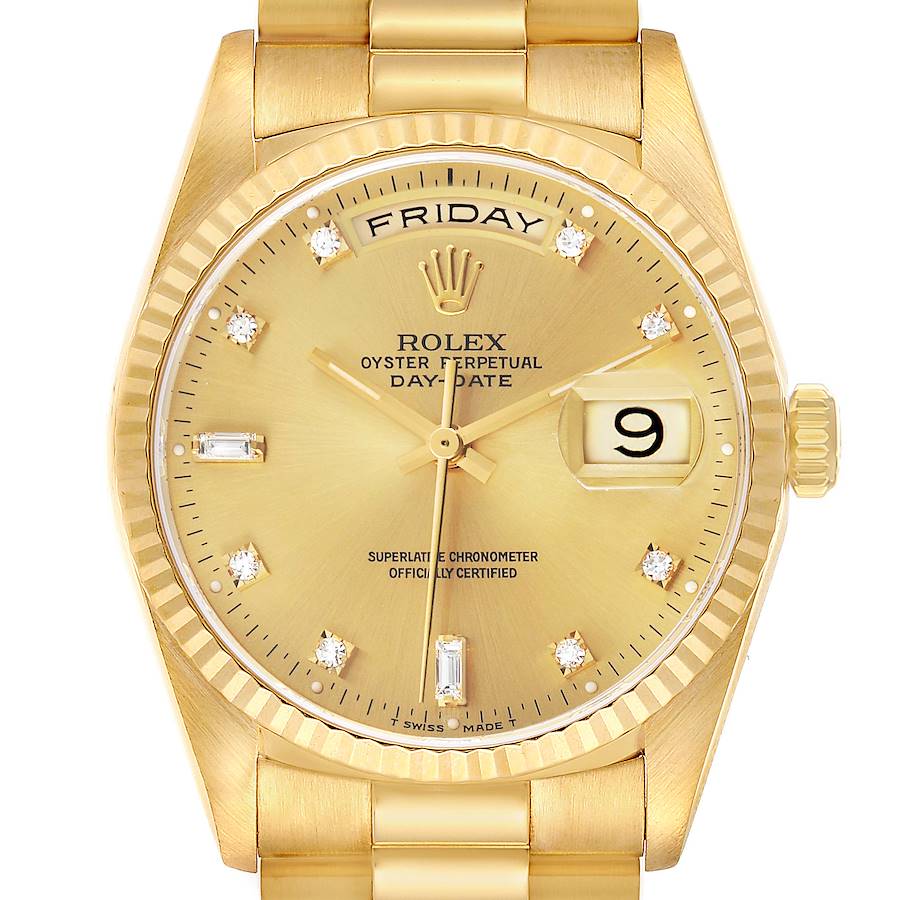 The Rolex President 18238 Men's Yellow Gold Champagne Dial model is shown from a front angle, highlighting the dial, hands, day-date windows, and bracelet.