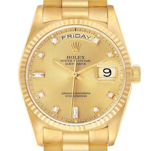 The image shows a frontal view of a Rolex President 18238 Men's Yellow Gold Champagne Dial model, highlighting the face, bezel, and part of the bracelet.
