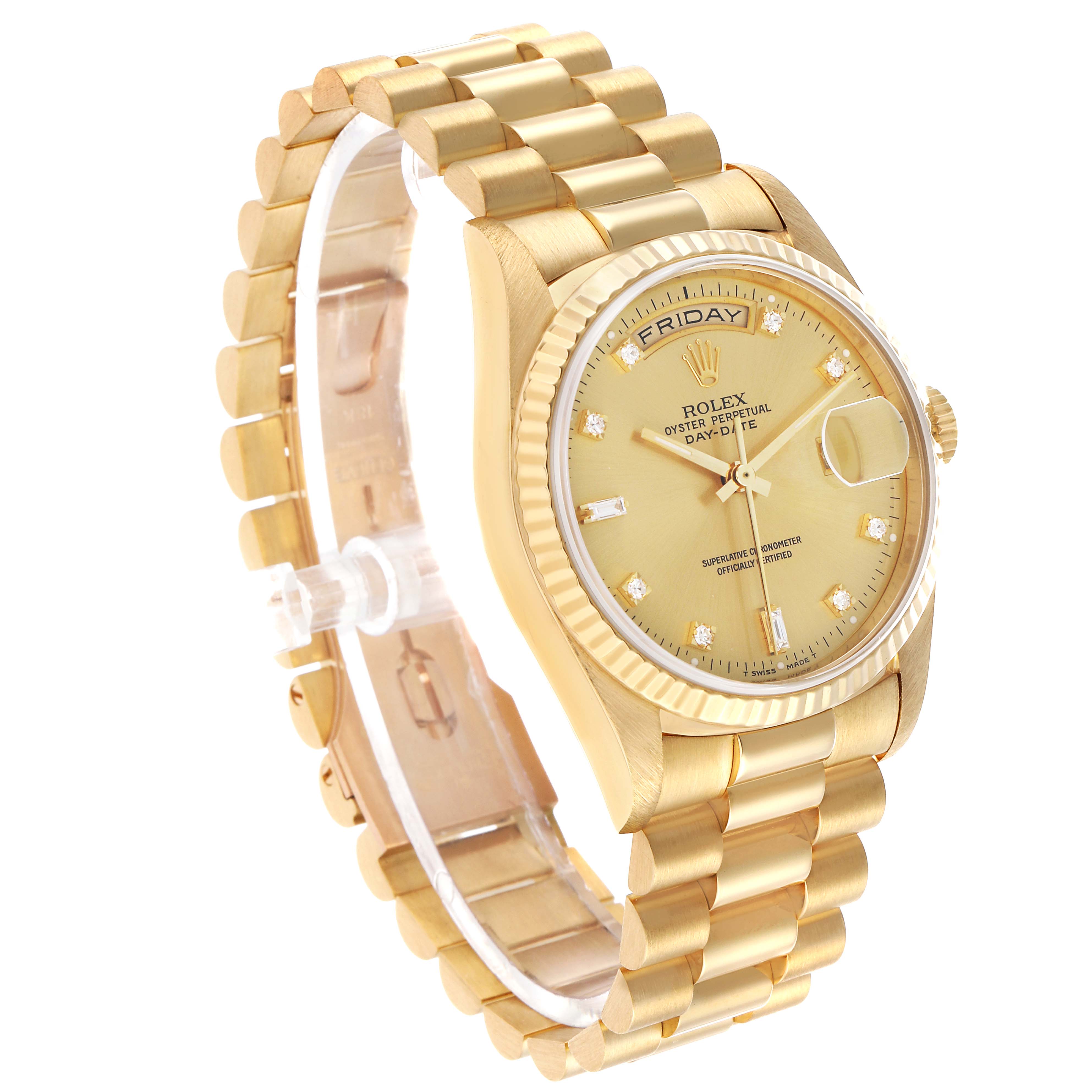 The Rolex President 18238 Men's Yellow Gold Champagne Dial model is shown at an angled side view, highlighting the gold bracelet, case, and dial with date and day displays.
