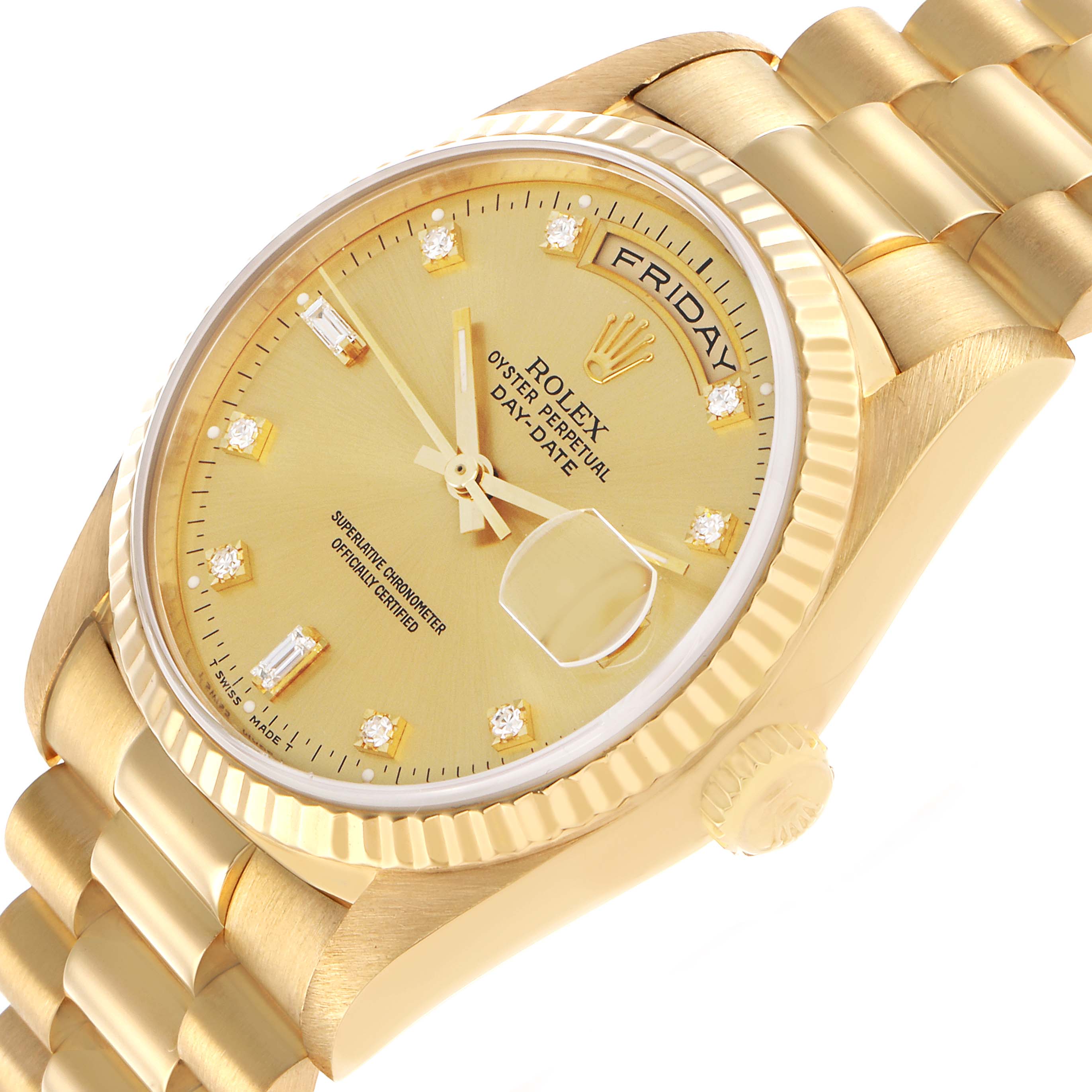 The Rolex President 18238 Men's Yellow Gold Champagne Dial model is shown from a side angle, highlighting its gold dial, diamond hour markers, fluted bezel, and bracelet.