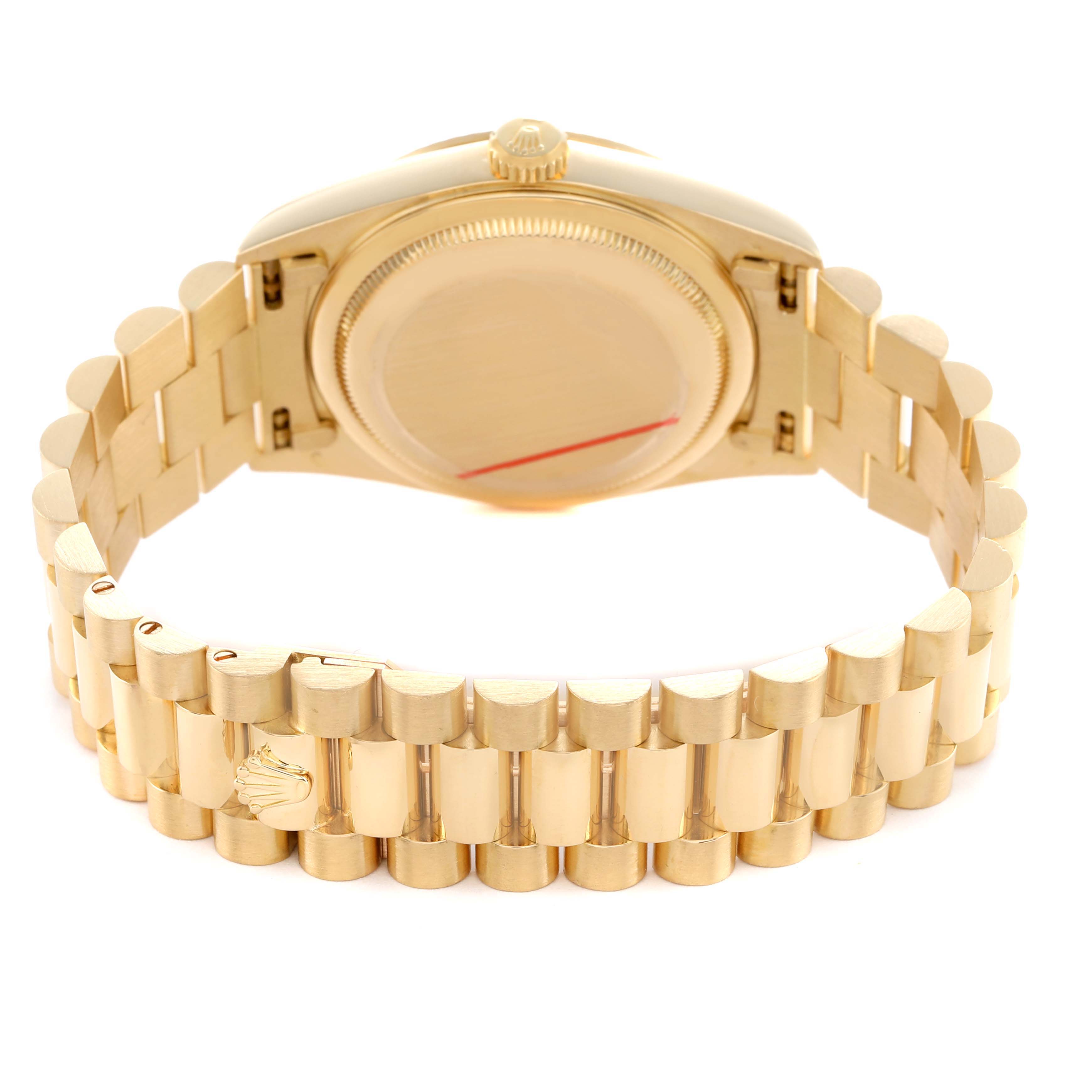 The image shows the back and bracelet of a Rolex President 18238 Men's Yellow Gold Champagne Dial model watch, highlighting the clasp and case back.