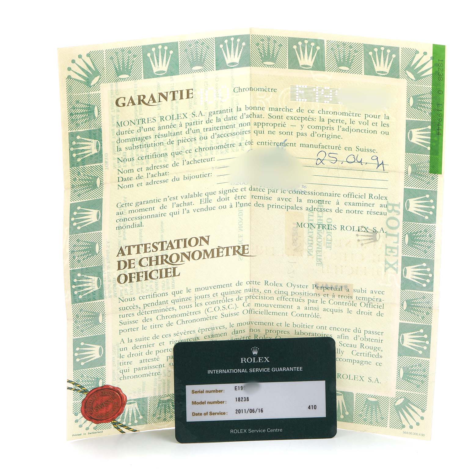 The image shows a Rolex President 18238 Men's Yellow Gold Champagne Dial model warranty certificate and international service guarantee card.