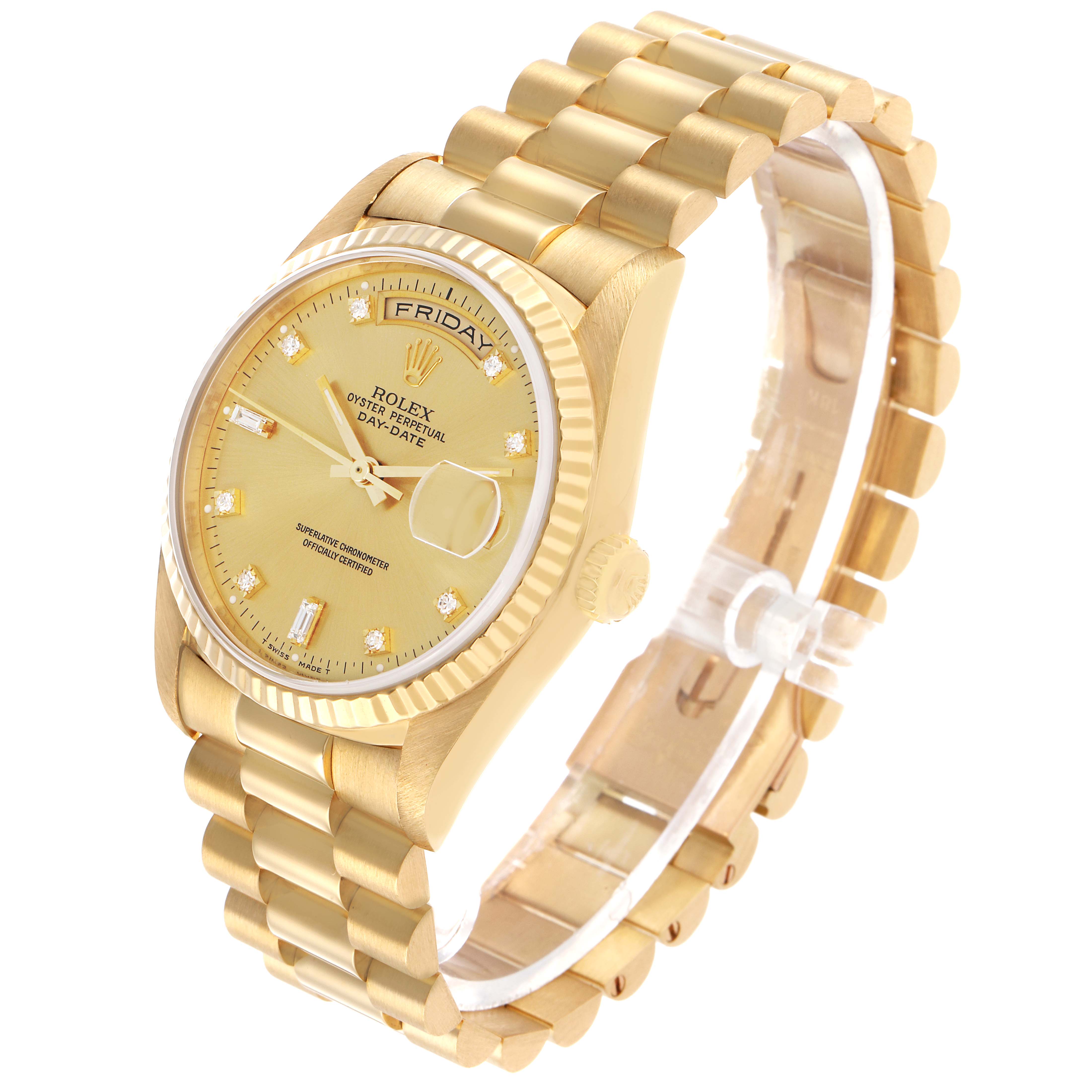 The Rolex President 18238 Men's Yellow Gold Champagne Dial model is shown at a three-quarter angle, highlighting the dial, bezel, bracelet, and crown.